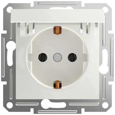 Presa elettrica bianca in un supporto metallico, ripresa frontalmente. Alloggiamento per due spine, standard europeo tipico.