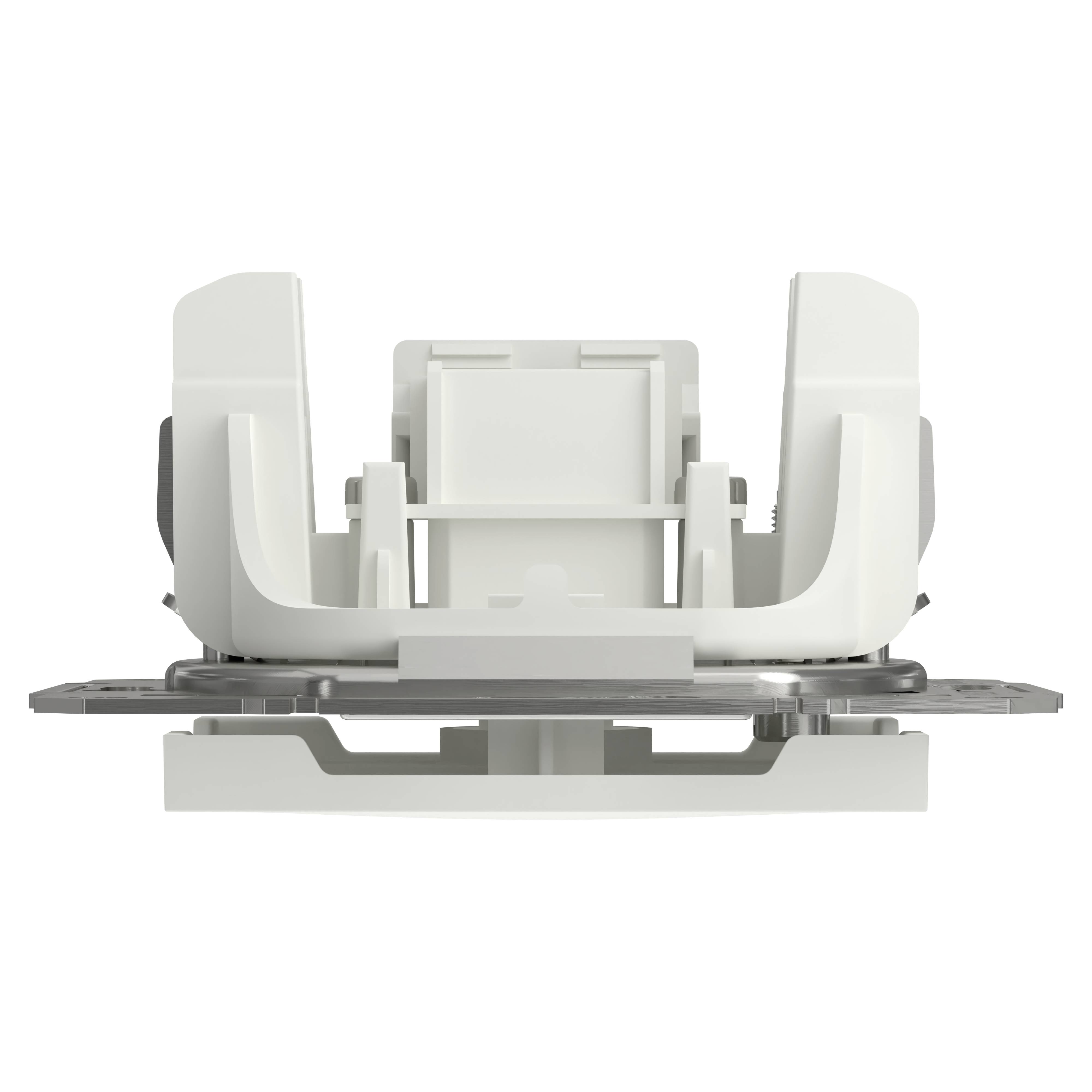 Un adattatore bianco in plastica visto frontalmente, con due supporti laterali e una base piatta. Adatto per il fissaggio di cavi o dispositivi.