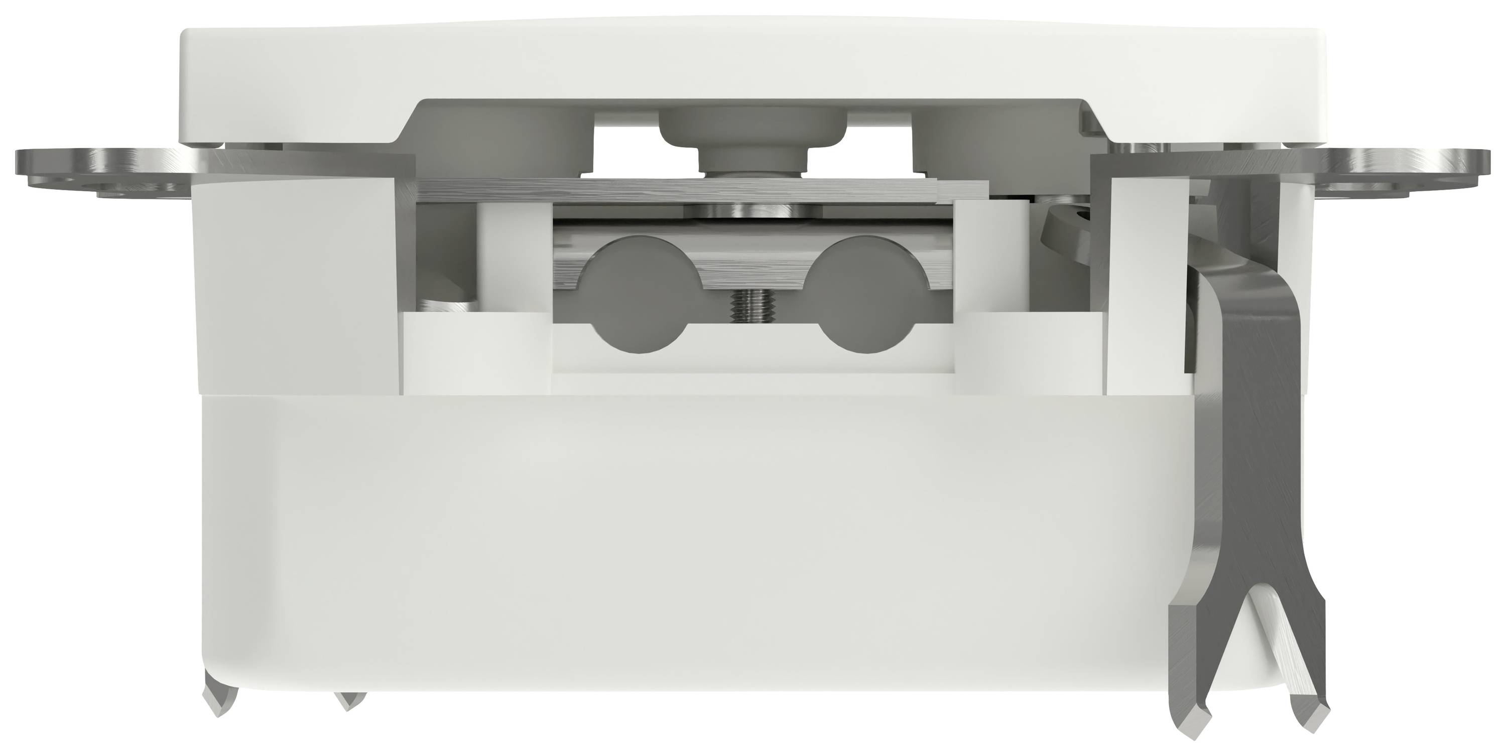 Vista laterale di un dispositivo elettrico bianco e rettangolare, con morsetti metallici progettati per il montaggio.