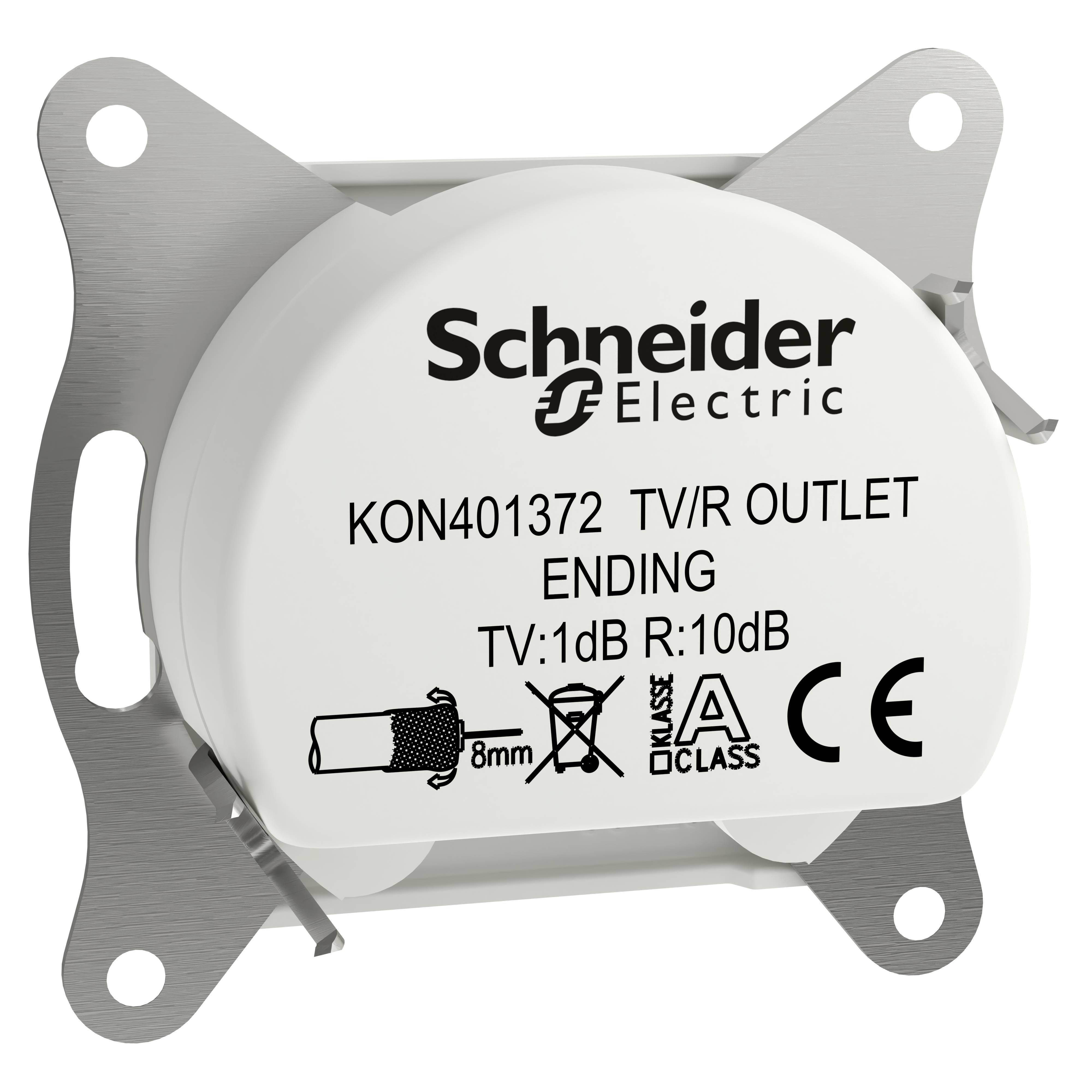 Presa TV/Radio di Schneider Electric, modello KON401372. Specifiche tecniche: TV: 1 dB, R: 10 dB. Certificata CE e di Classe A.