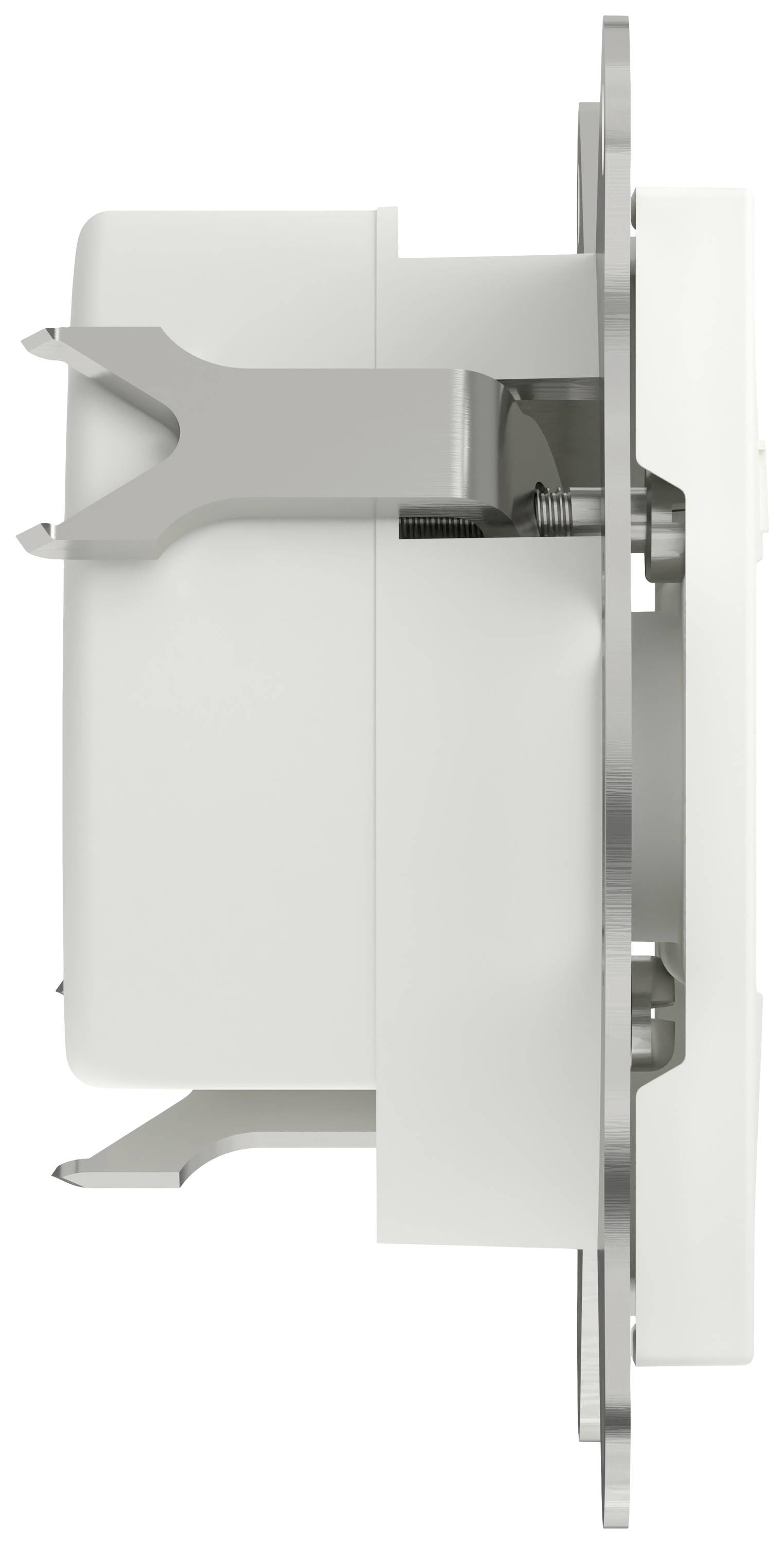 Vista laterale di un dispositivo bianco circolare con supporti metallici, installato a incasso in una parete.