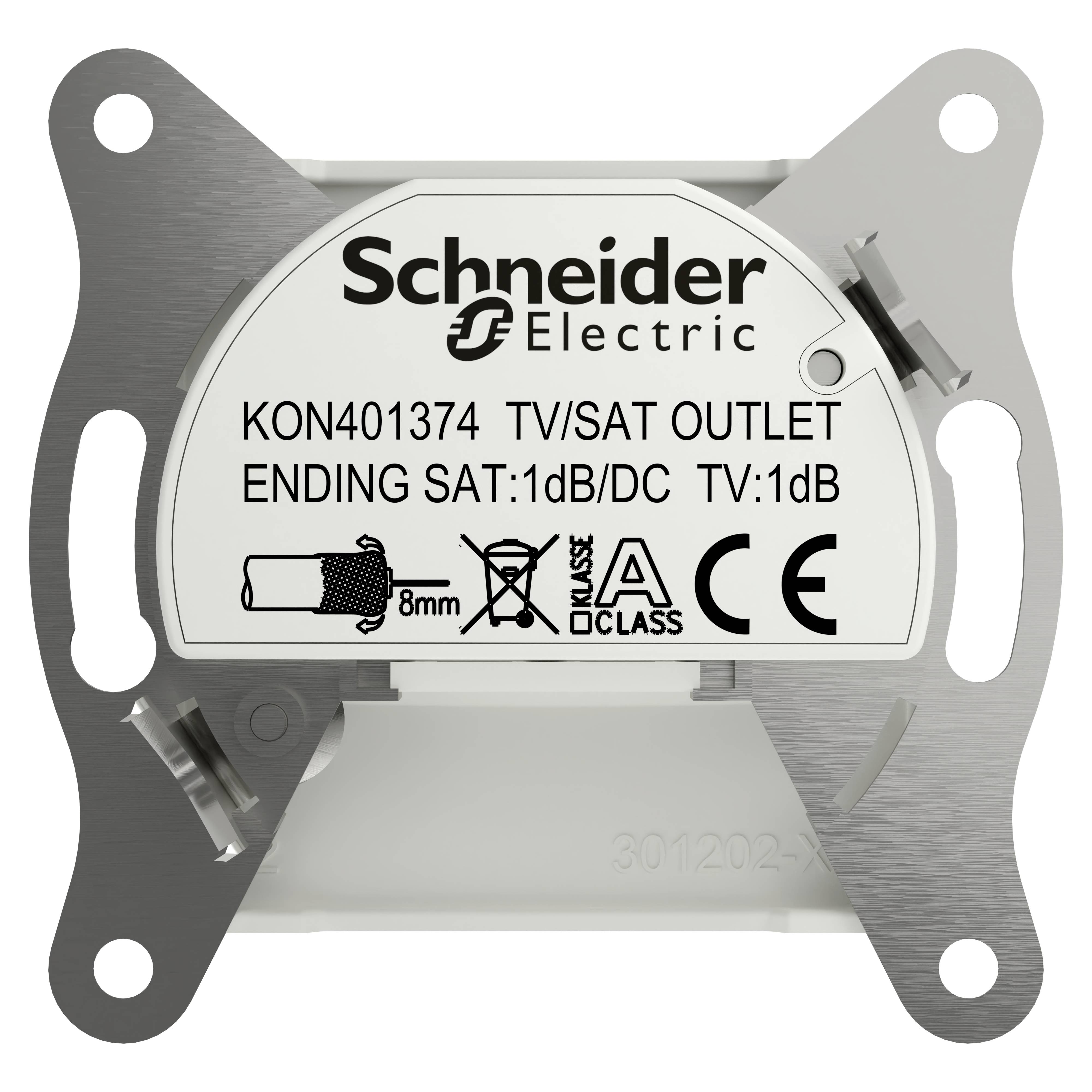 Presa Schneider Electric, modello KON401374, per TV/SAT. Valori di attenuazione: SAT 1dB/DC, TV 1dB. Certificato CE disponibile.