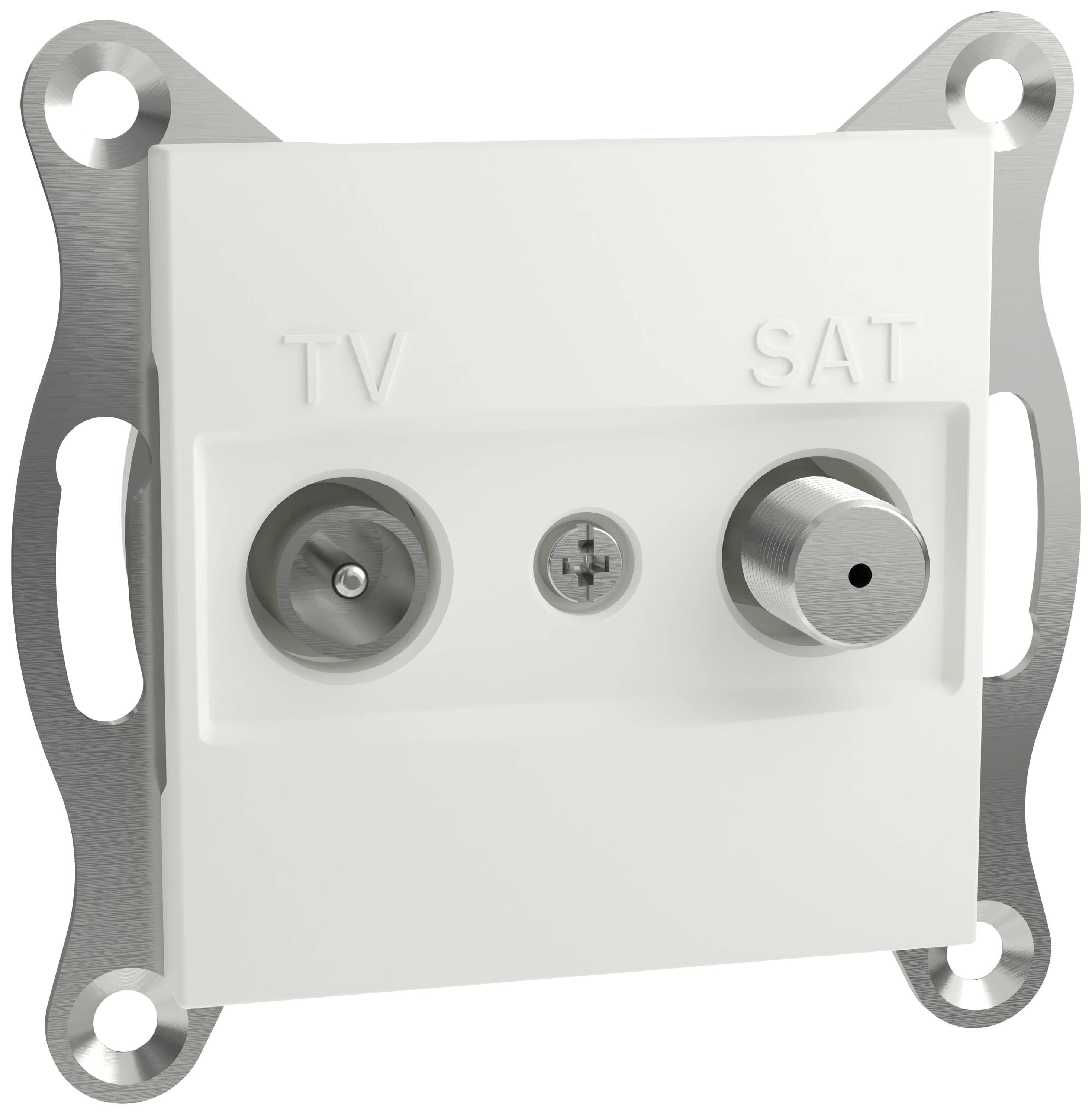 Presa TV e SAT bianca con due connettori su cornice metallica. Adatta per montaggio a parete in ambienti abitativi.