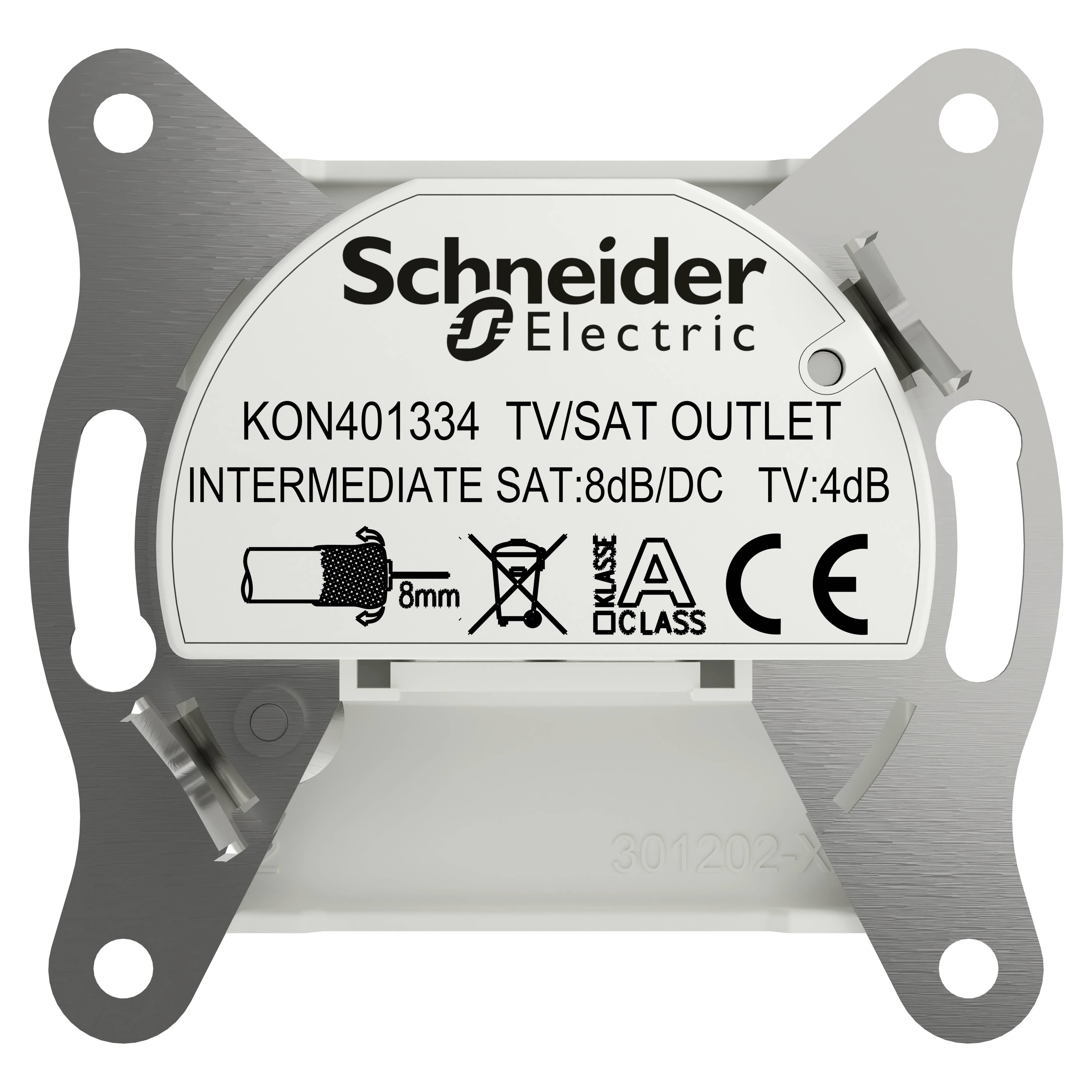 Presa TV/SAT di Schneider Electric, modello KON401334. Presa intermedia con attenuazione SAT 8dB/DC e attenuazione TV 4dB. Marchio CE.