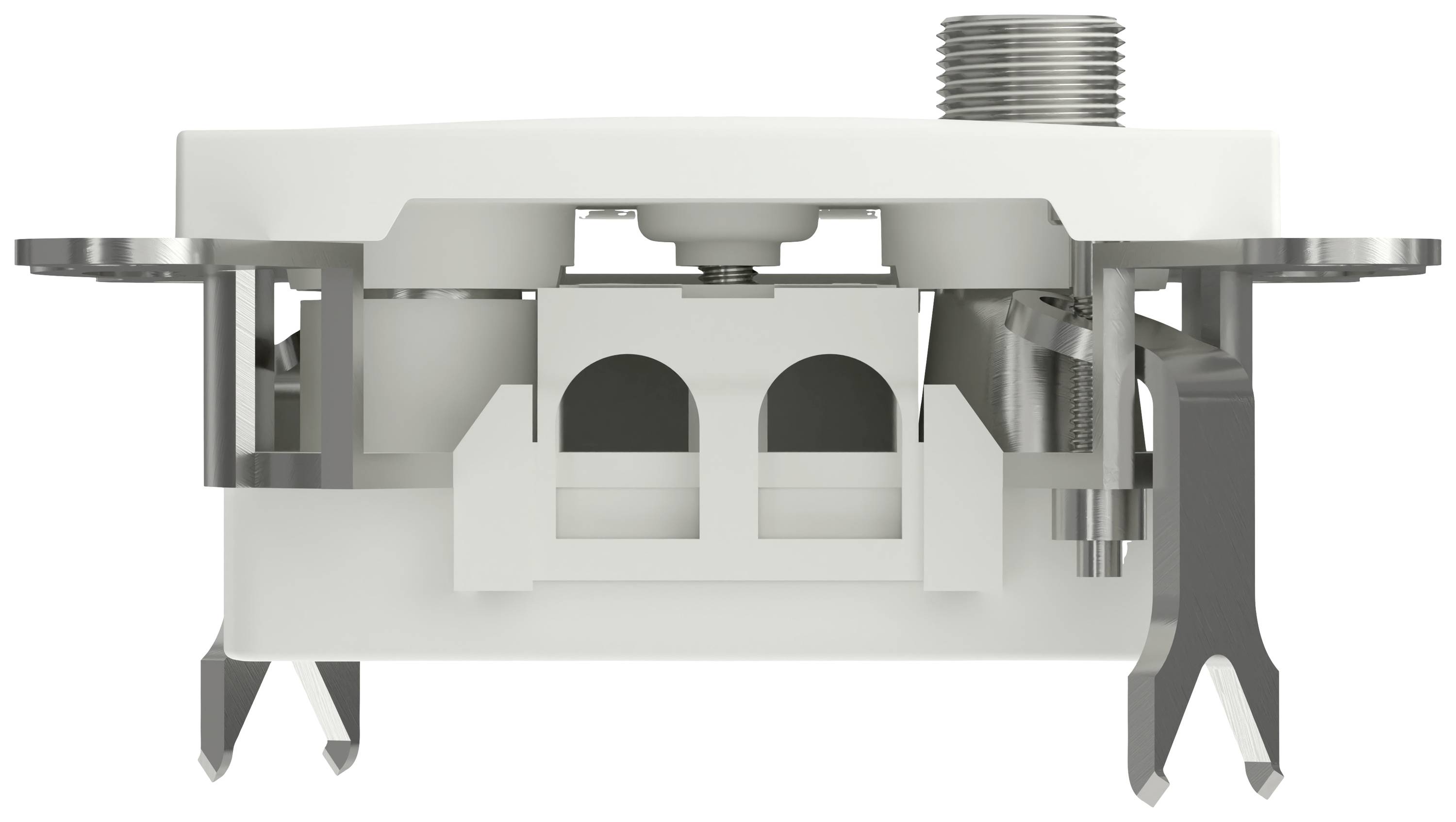 Sezione tecnica trasversale di un dispositivo bianco da incasso con connessioni elettriche e fissaggi metallici.