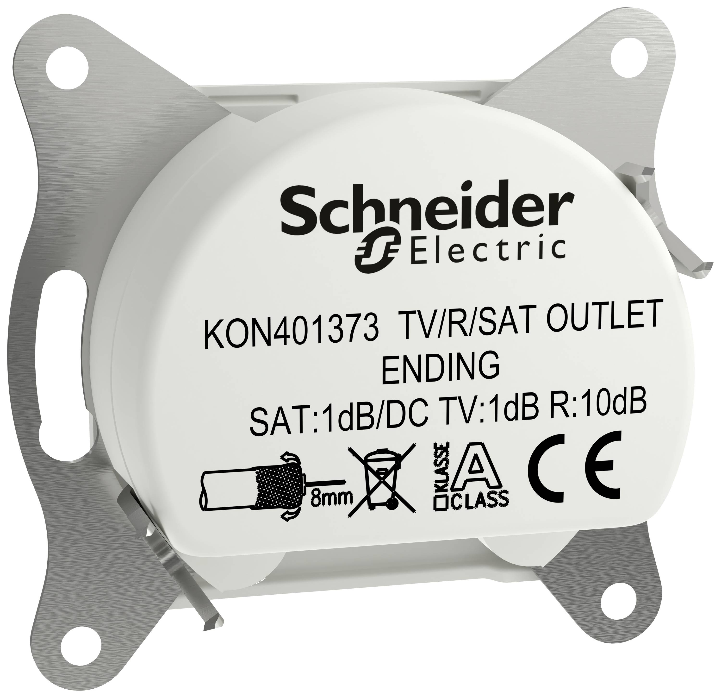 Presa Schneider Electric per TV/R/SAT. Modello KON401373. Specifiche: SAT:1dB/DC TV:1dB R:10dB, adatta per cavi da 8mm. Marchio CE.