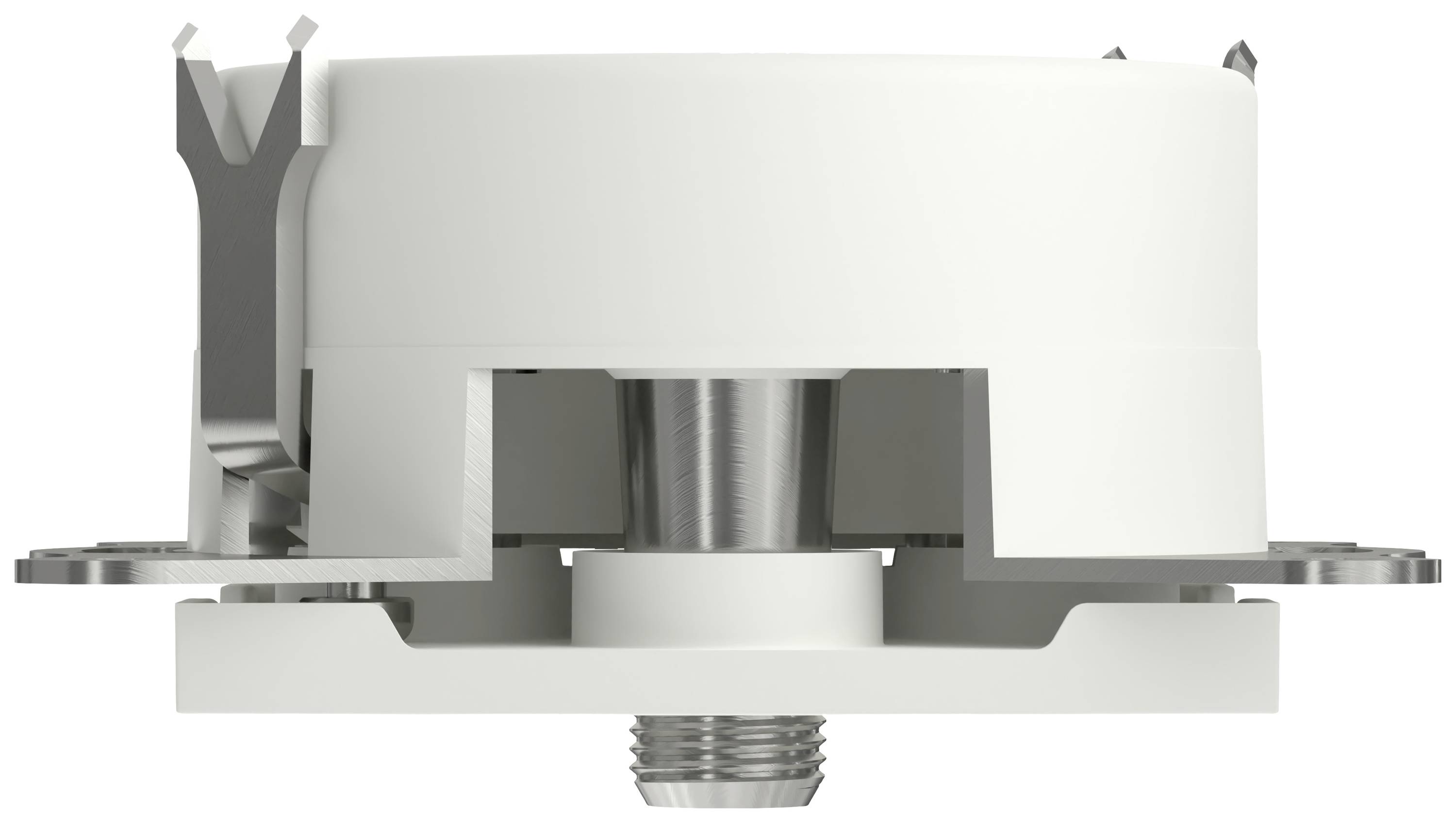 'Faretto da incasso in bianco con supporti metallici, vista laterale. Adatto per l'installazione a soffitto in ambienti residenziali e commerciali.'