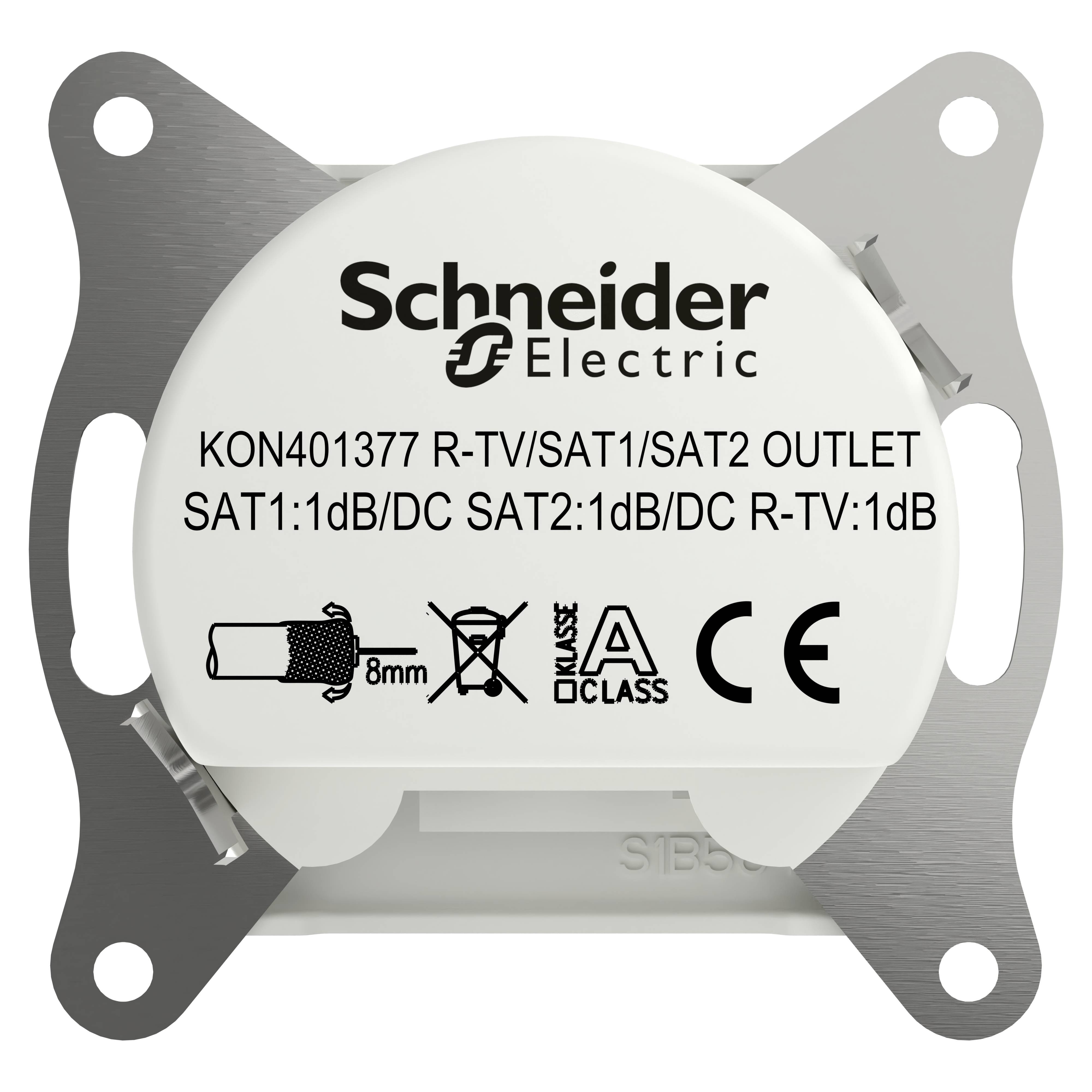 Una copertura per presa elettrica di Schneider Electric con connessioni per SAT1 e SAT2, nonché R-TV, compresi i relativi specifiche tecniche.