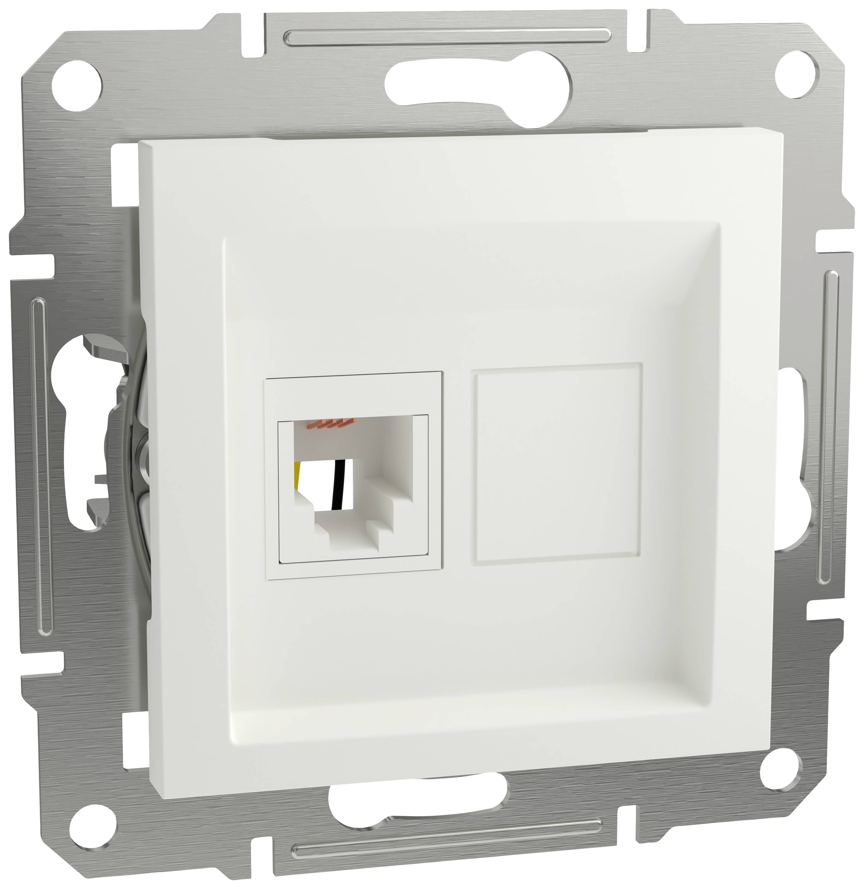 Singola presa di rete RJ45 in una copertura quadrata bianca, montata su un telaio metallico per l'installazione a parete.