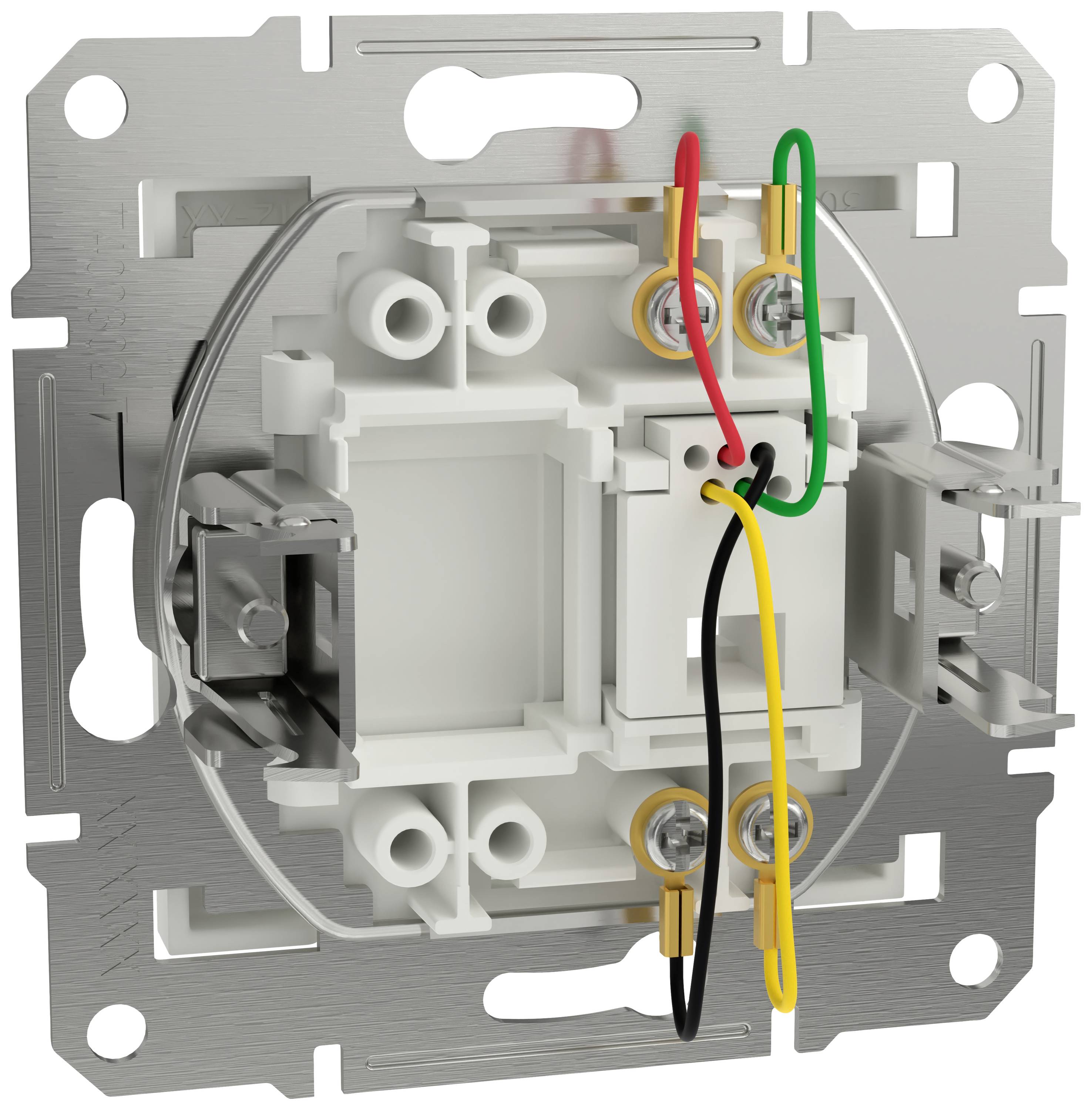 Una scatola da incasso con quattro fili elettrici collegati: rosso, verde, giallo e nero nei rispettivi punti di connessione.