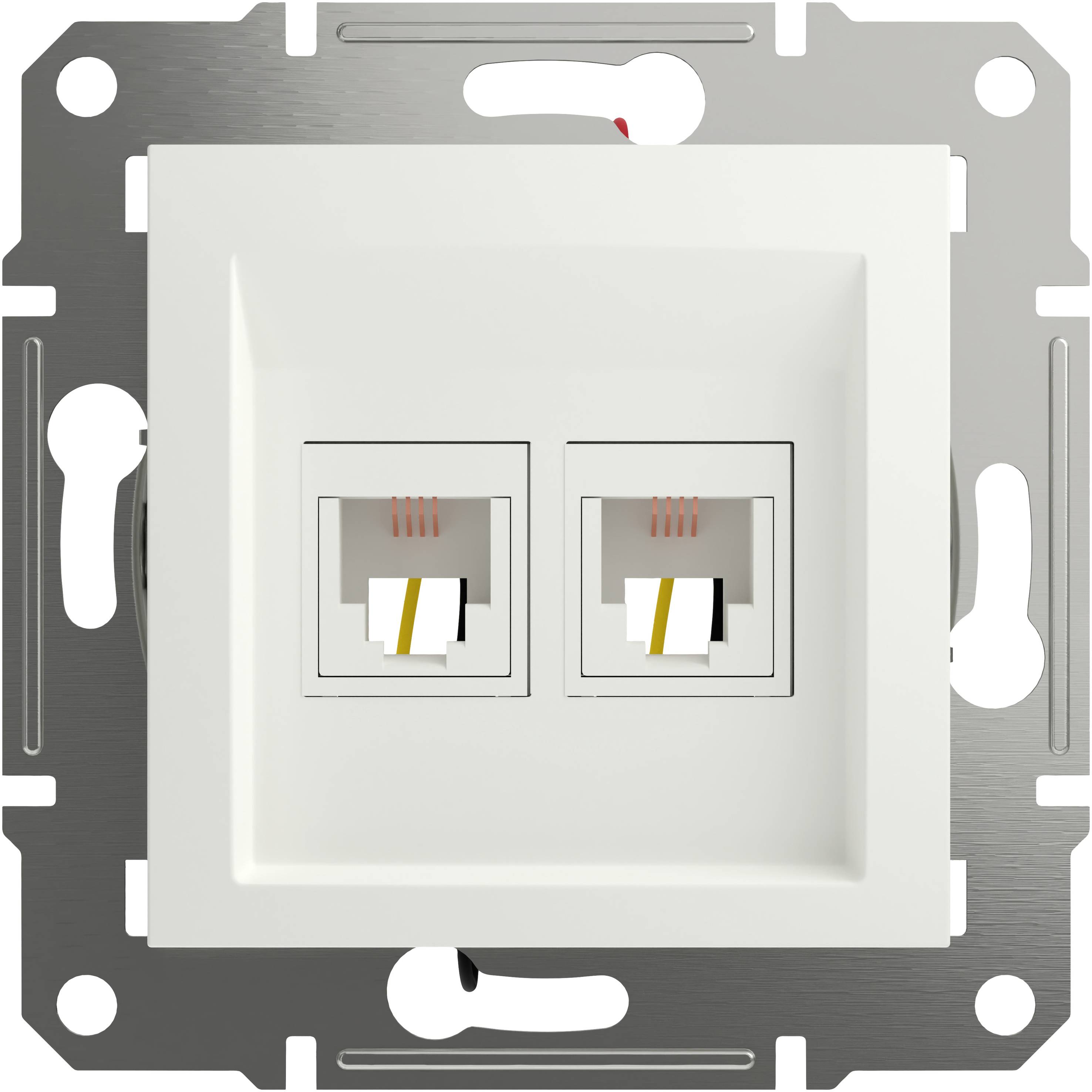 Due porte di rete RJ45 in una cornice rettangolare bianca, adatte per il montaggio a parete. Idonee per connessioni Ethernet.