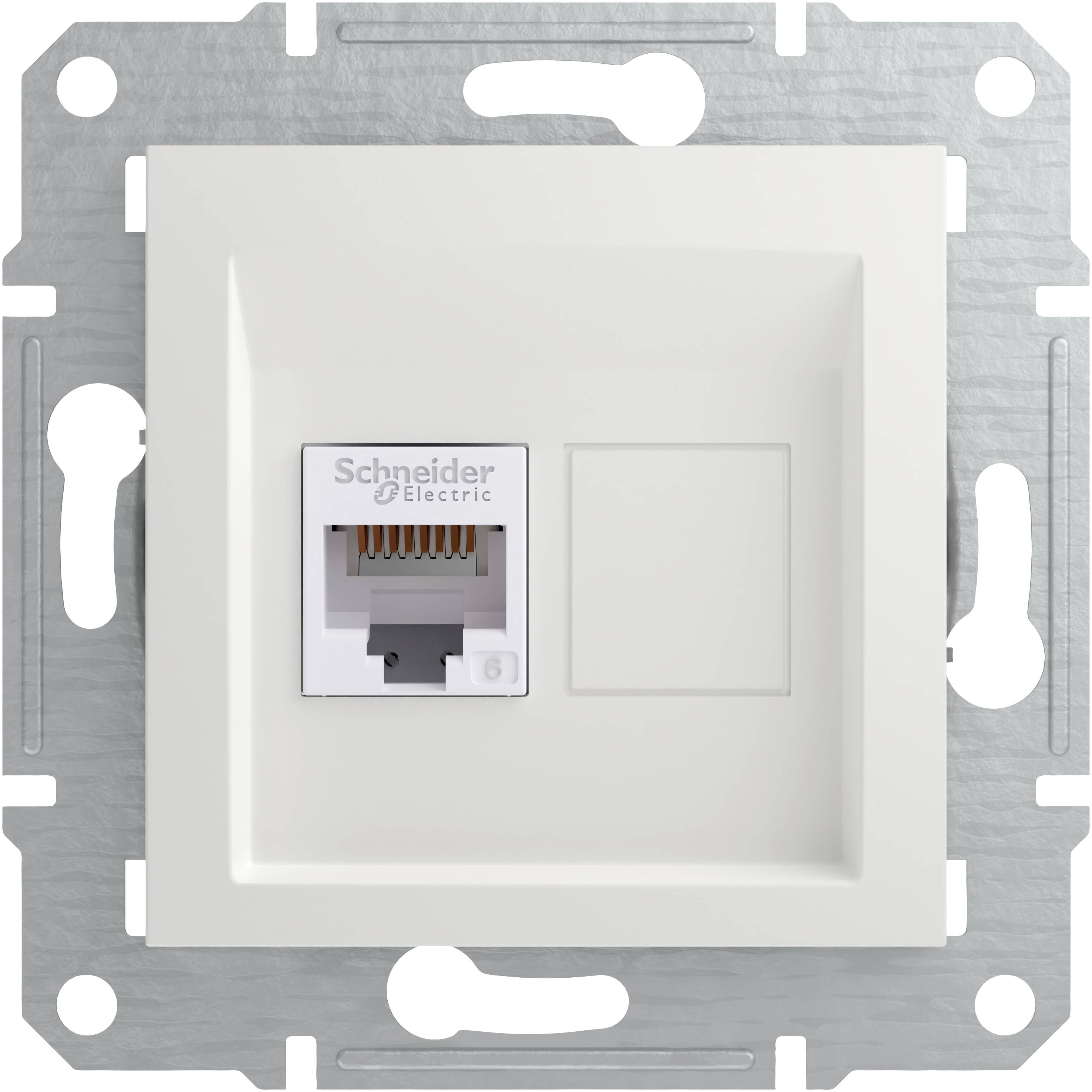 Una presa di rete Ethernet bianca di Schneider Electric, montata su un supporto metallico, con un connettore RJ45 sulla sinistra.