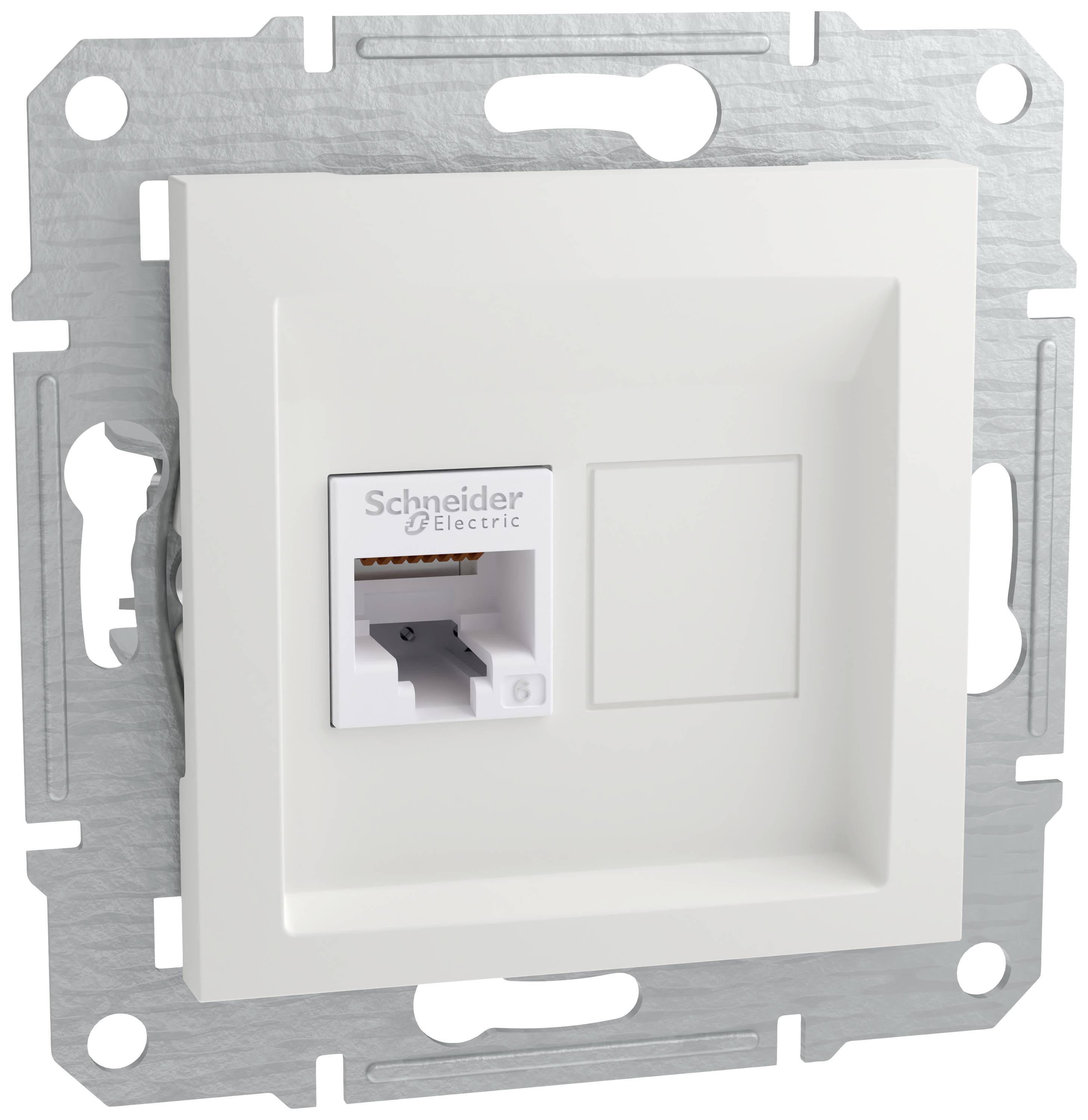 Connettore di rete bianco di Schneider Electric, montato su piastra quadrata in metallo.