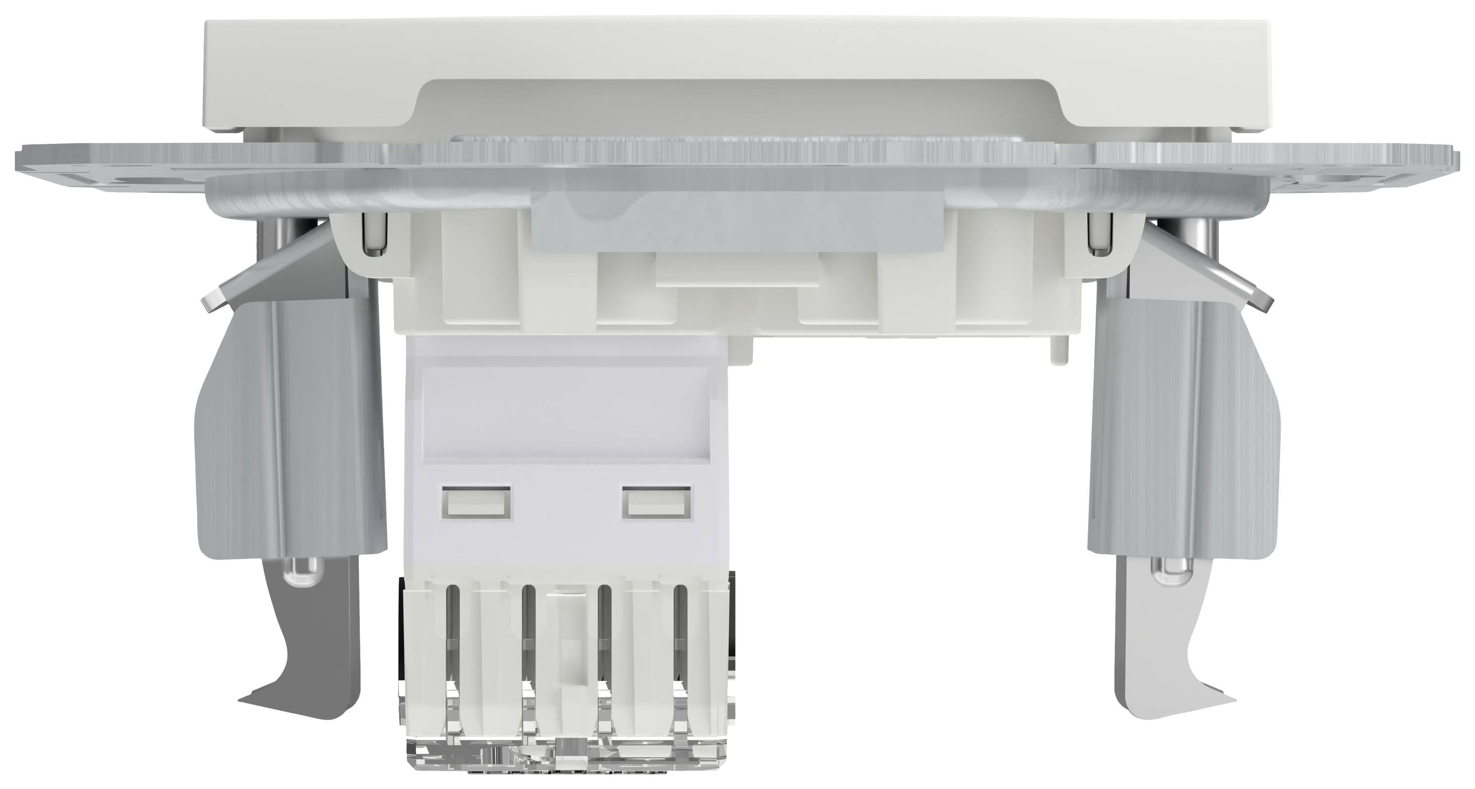 Interruttore basculante bianco con design moderno, con contatti e supporti visibili sottostanti. Adatto per dispositivi elettronici.