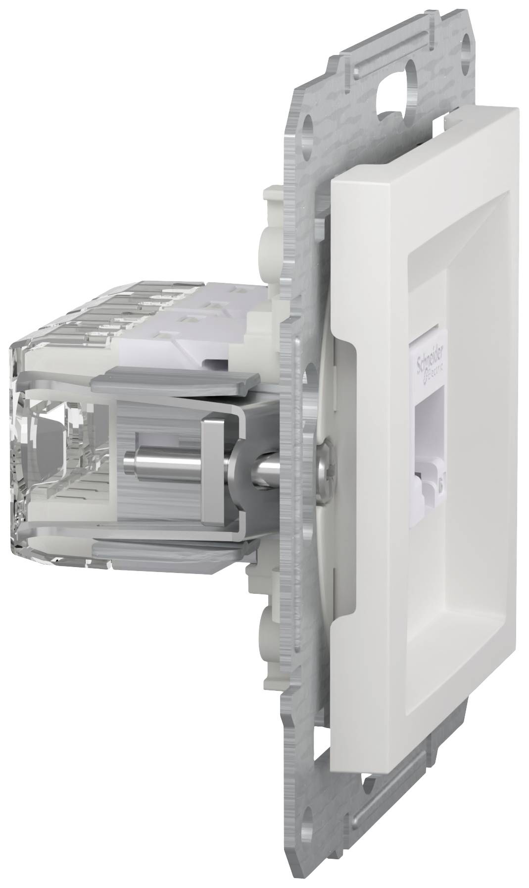 Un interruttore elettrico ripreso da un angolo, con un involucro bianco e componenti metalliche visibili sul retro.