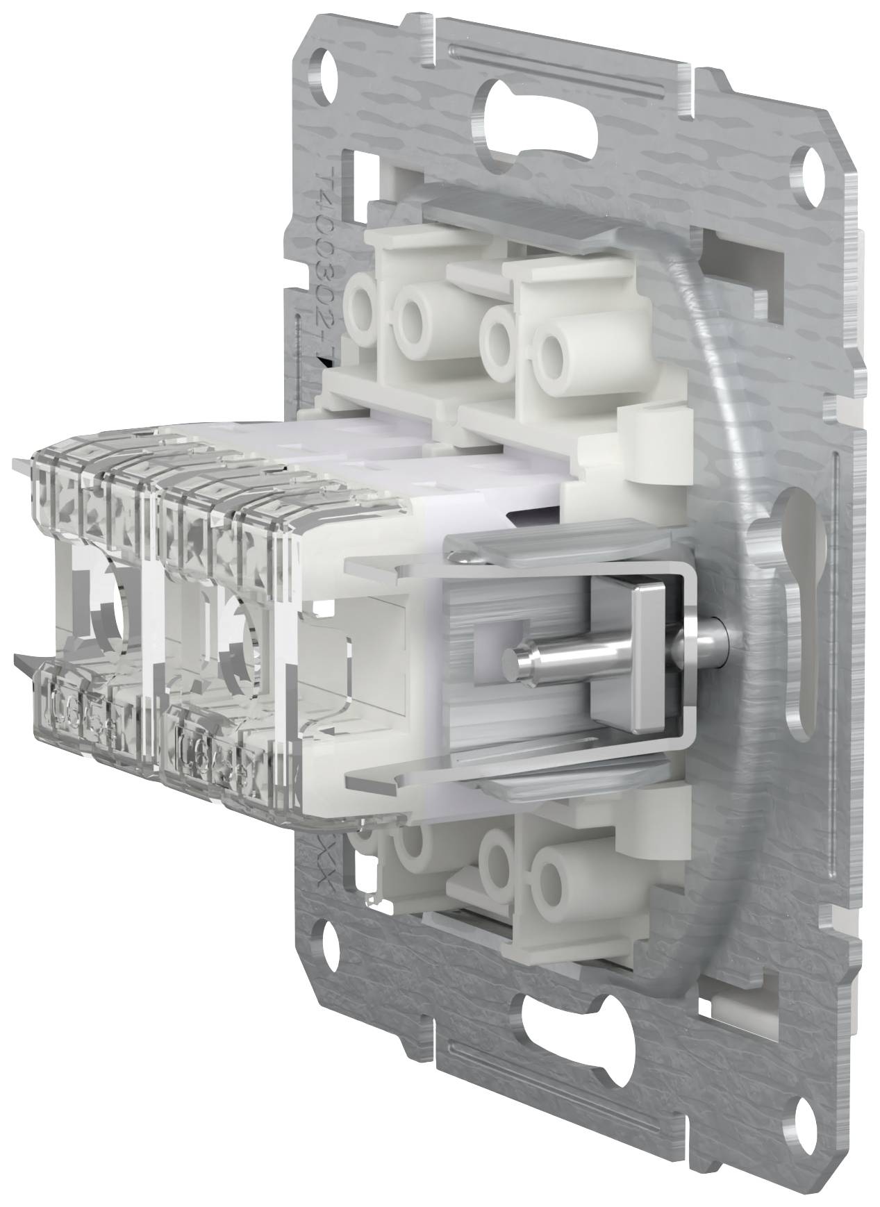 Illustrazione di un meccanismo per presa elettrica in metallo e plastica, vista laterale, per l'utilizzo in impianti elettrici.