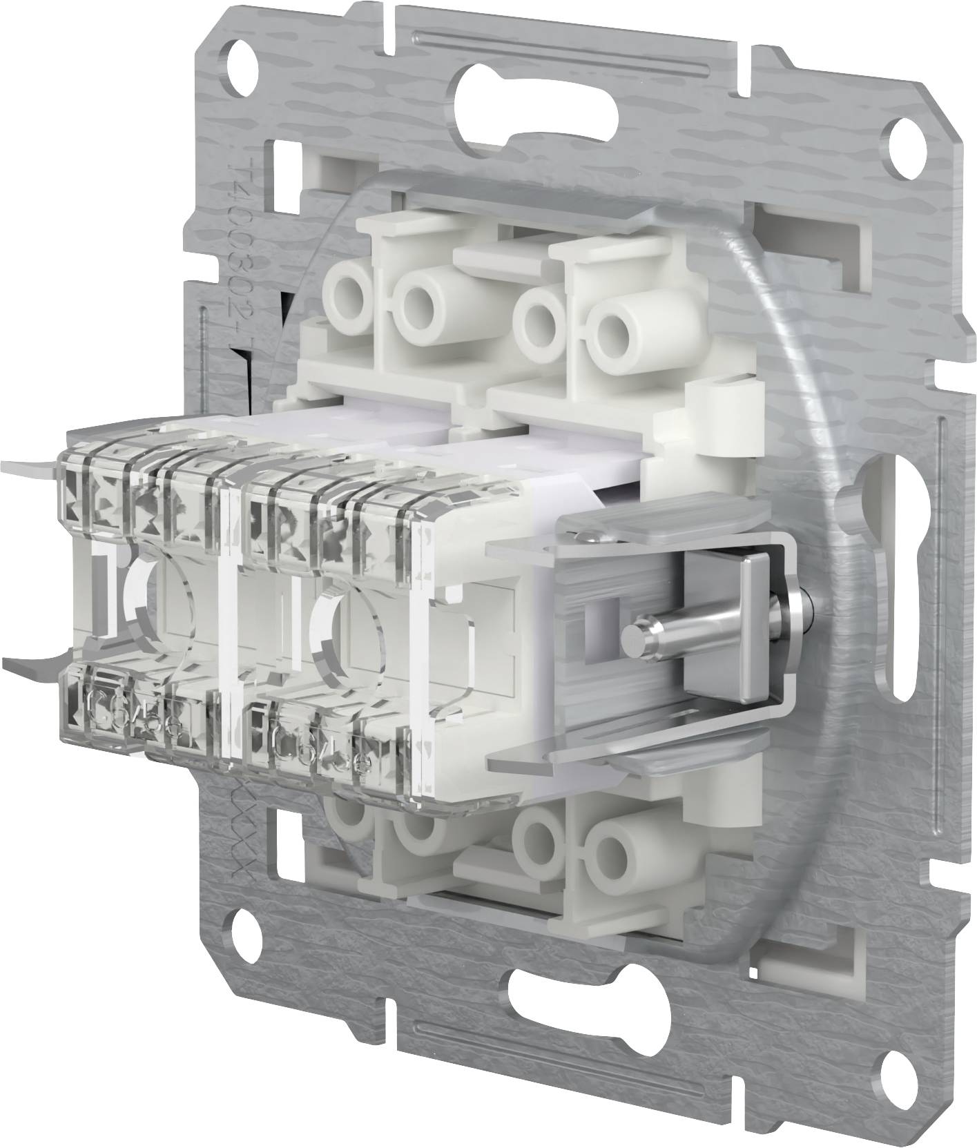 Un interruttore elettrico bianco e metallico senza coperchio, con elementi di fissaggio e connessioni visibili.