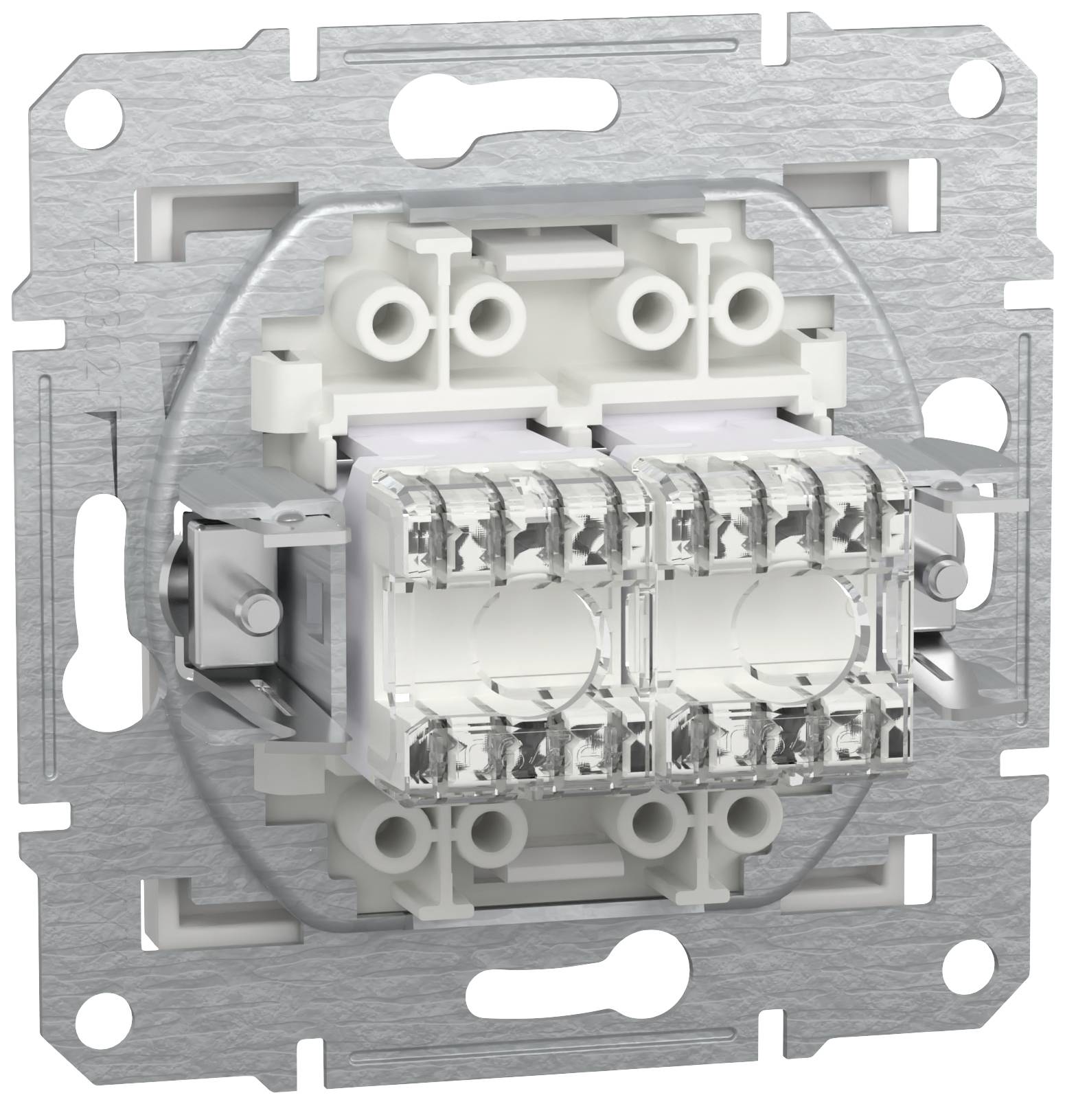 Un interruttore elettrico con più connessioni e morsetti trasparenti è montato su un telaio metallico grigio.