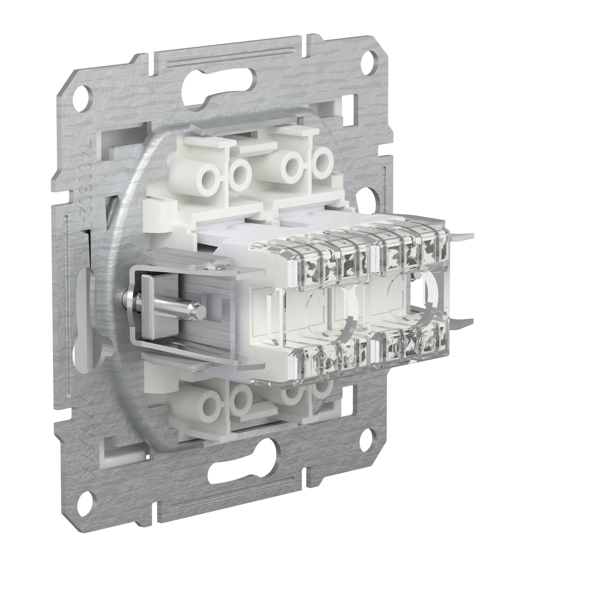 Immagine di un interruttore di installazione con elementi di connessione trasparenti sporgenti su un supporto metallico.