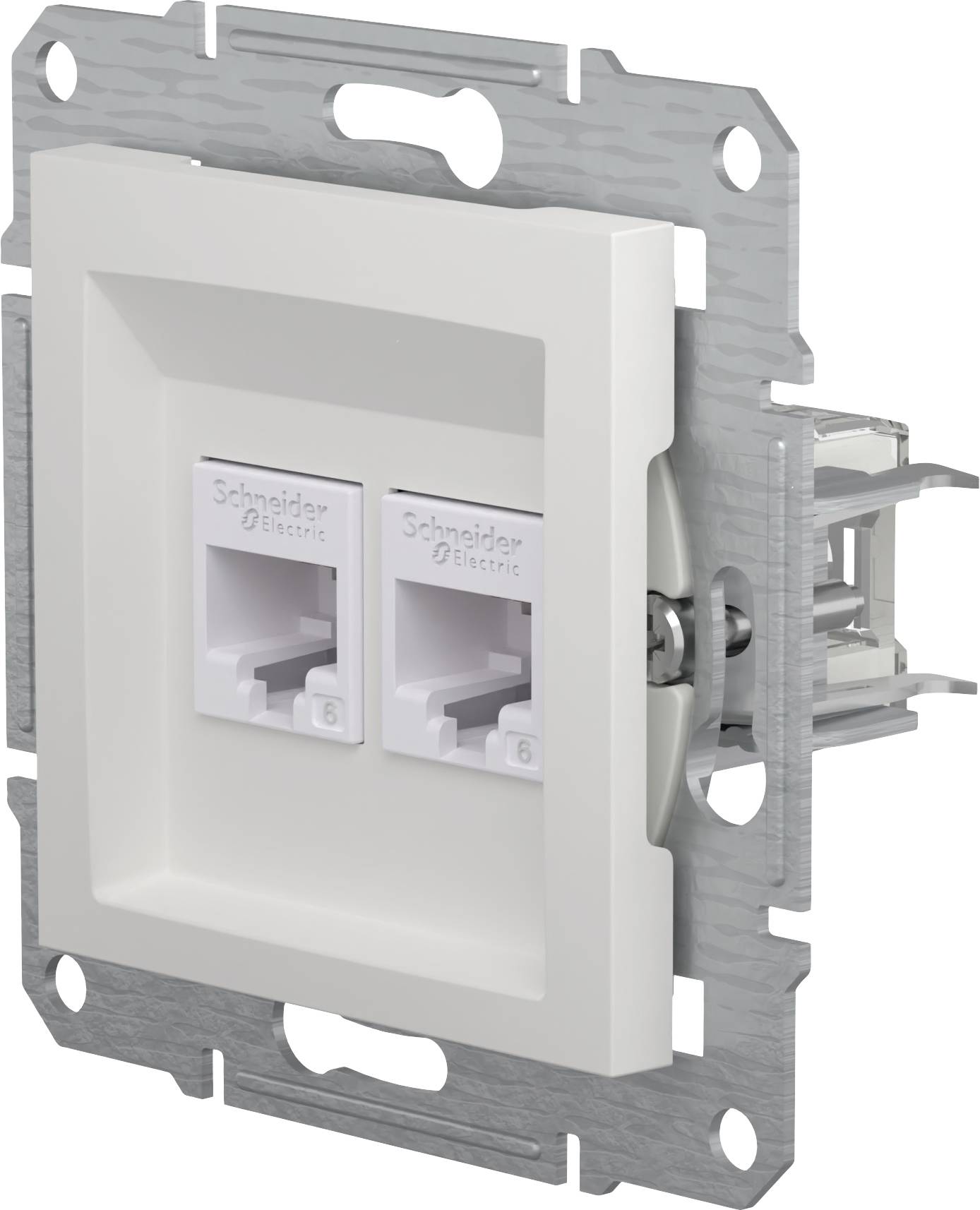 Due connettori per cavi di rete in un supporto da parete bianco, idonei per l'installazione in sistemi standard di prese elettriche per edifici.
