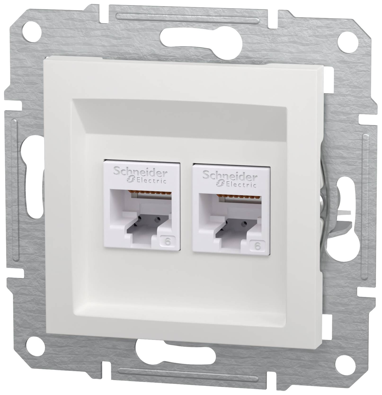 Due connettori di rete in una presa a muro bianca, etichettati 'Schneider Electric'. Idonei per connessioni RJ45.