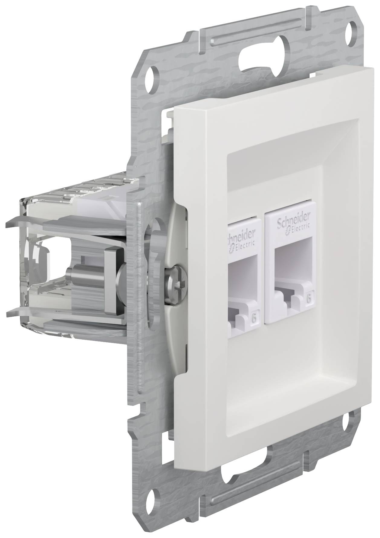 Un connettore di rete modulare con due porte Ethernet in una cornice rettangolare bianca, adatto per il montaggio a parete.