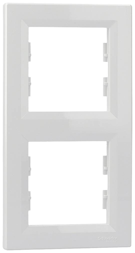 Cornice doppia per interruttori, bianca, orientamento verticale, da incasso a parete. Idonea per due interruttori o prese elettriche.