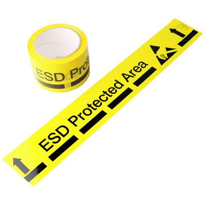 Nastro giallo di avvertimento con la scritta 'ESD Protected Area' e frecce direzionali, che identifica un'area protetta da scariche elettrostatiche.