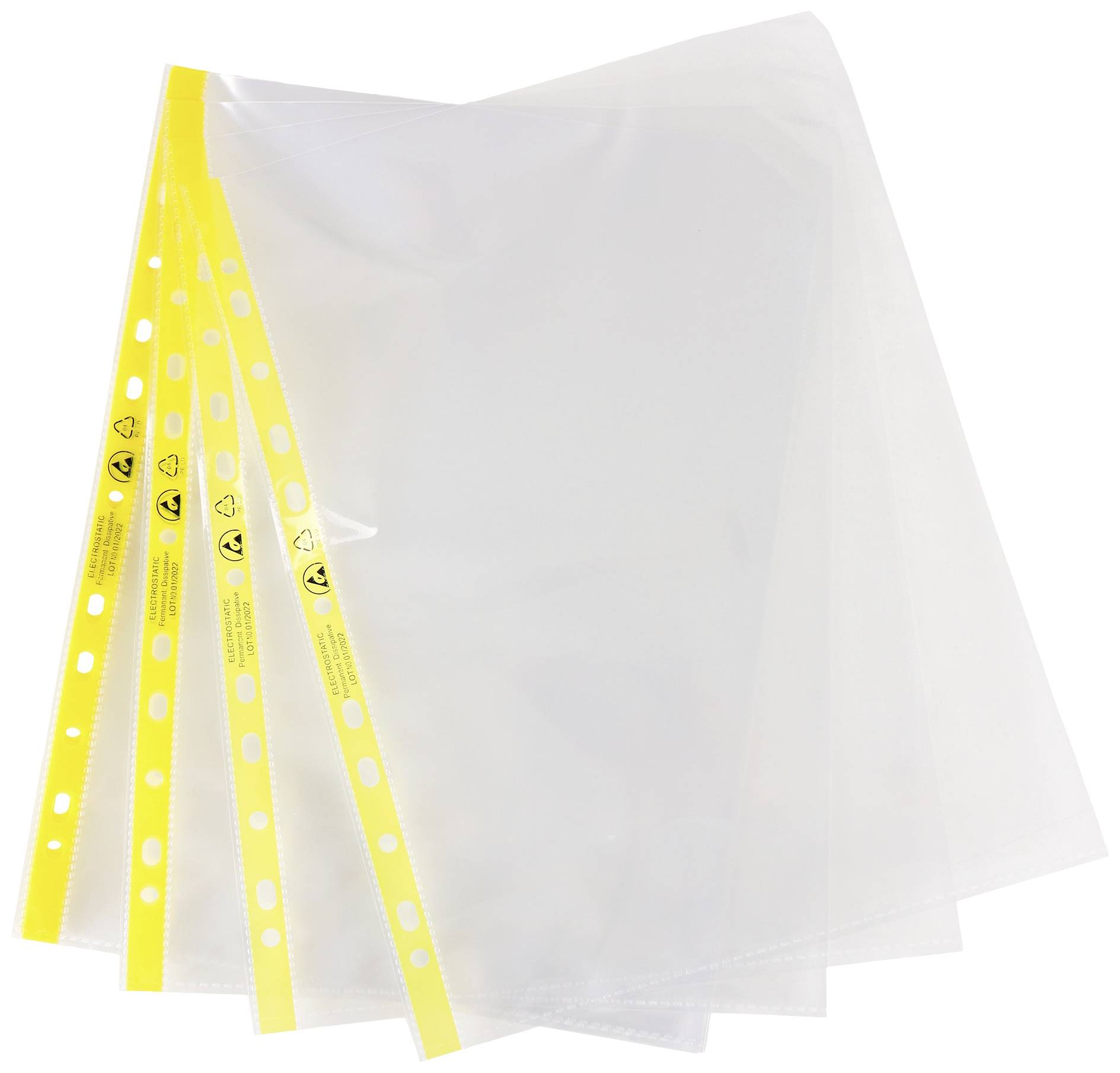 Fogli trasparenti in plastica con bordo giallo e fori per l'archiviazione in raccoglitori.