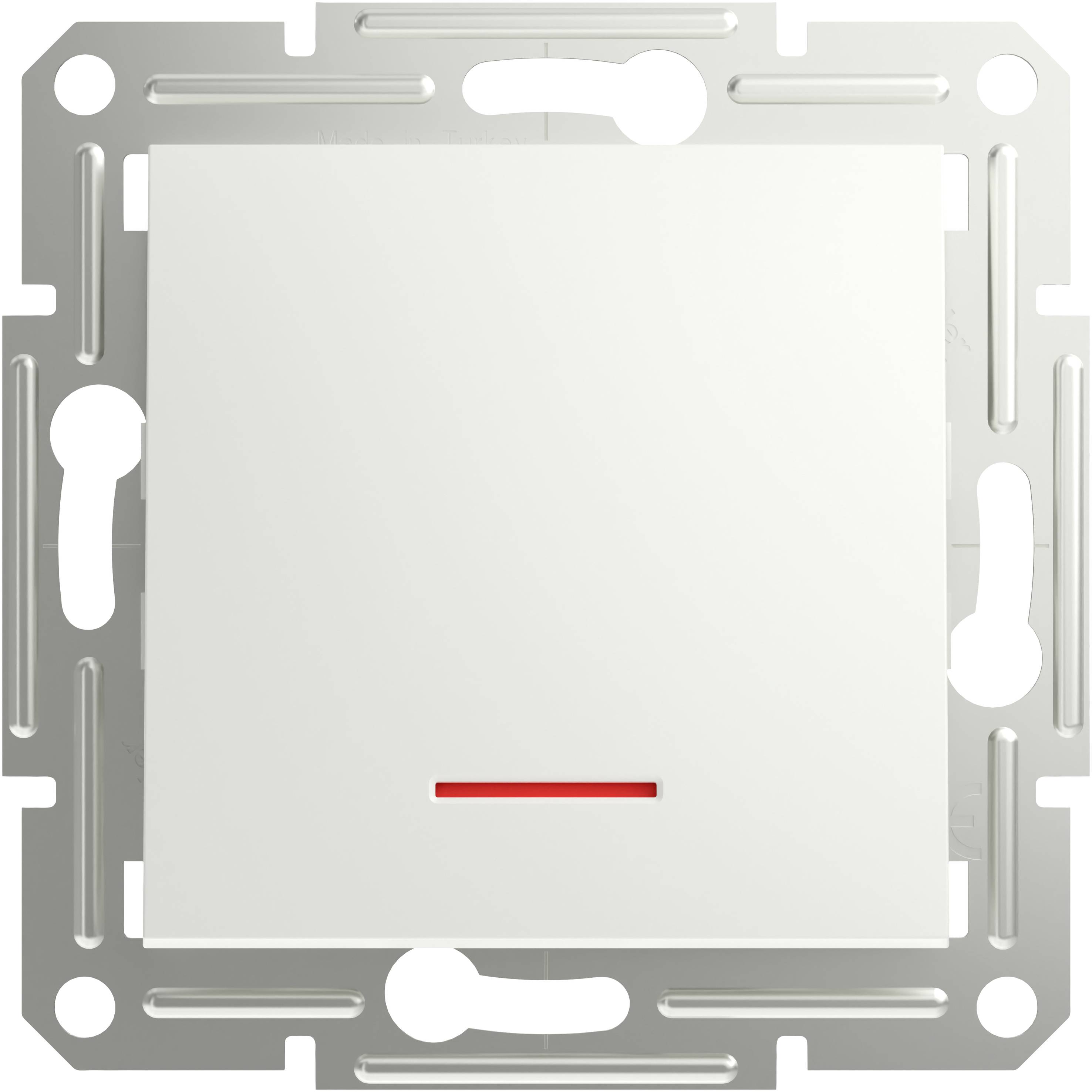 Un interruttore bianco con una piccola striscia rossa di indicazione che mostra che l'interruttore è acceso.