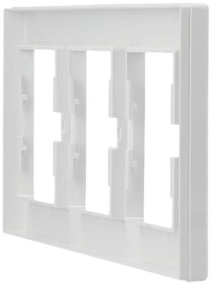 Cornice tripla per interruttori o prese elettriche in bianco, senza elementi inseriti.