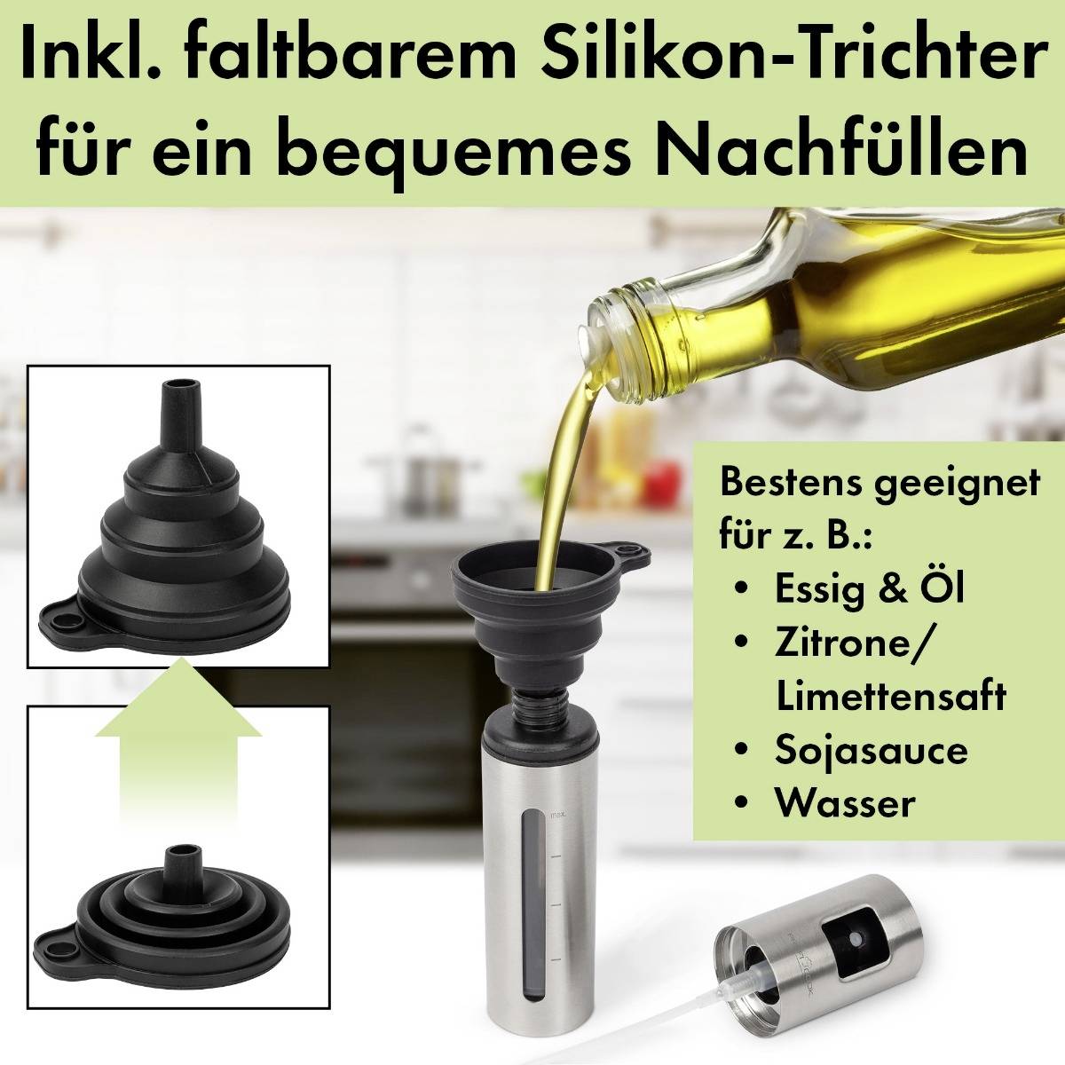 Un imbuto in silicone viene utilizzato per versare olio in una bottiglia. Il testo elenca i liquidi idonei: aceto, succo di limone, salsa di soia, acqua.