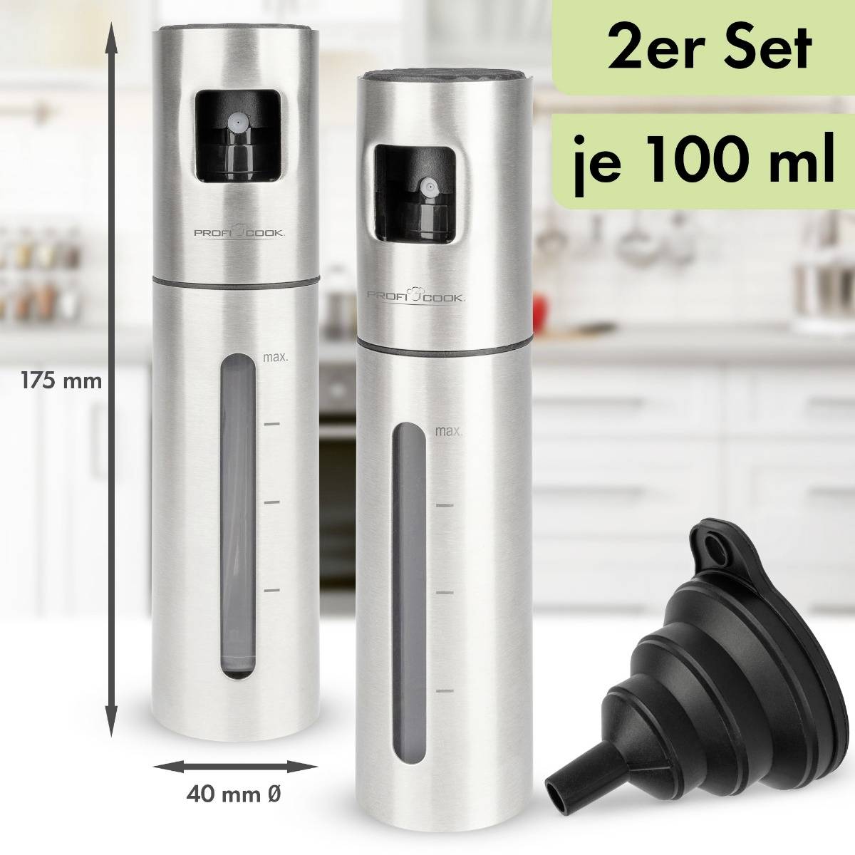 Due flaconi spray in acciaio inossidabile, ciascuno da 100 ml, con scala graduata. Altezza 175 mm, diametro 40 mm. Incluso piccolo imbuto nero.