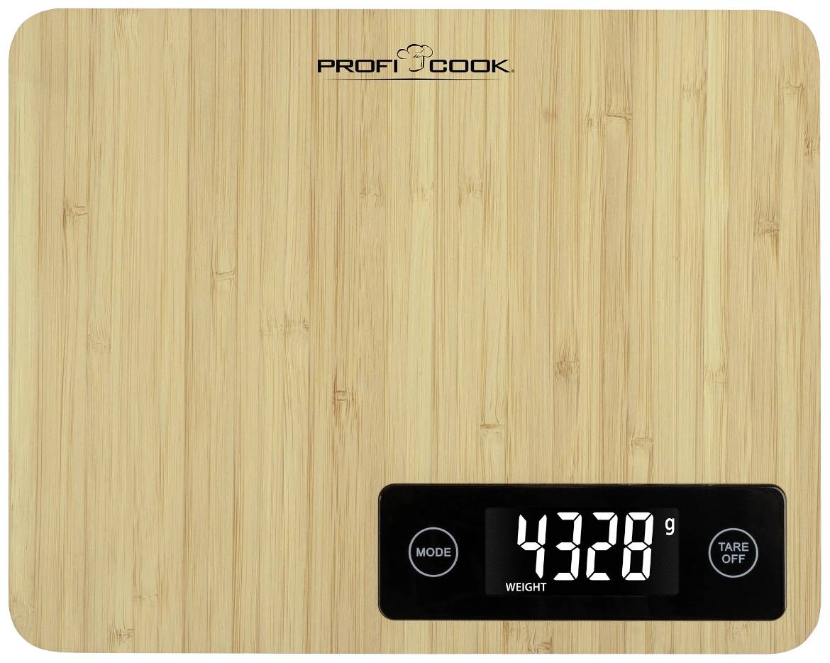 Una bilancia da cucina digitale con finitura effetto legno mostra il peso '4328 g' su un display nero.