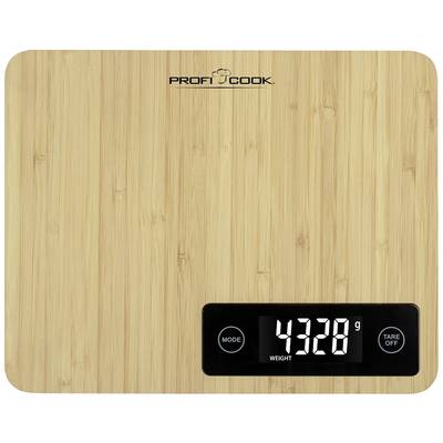 Una bilancia da cucina digitale con finitura effetto legno mostra il peso '4328 g' su un display nero.