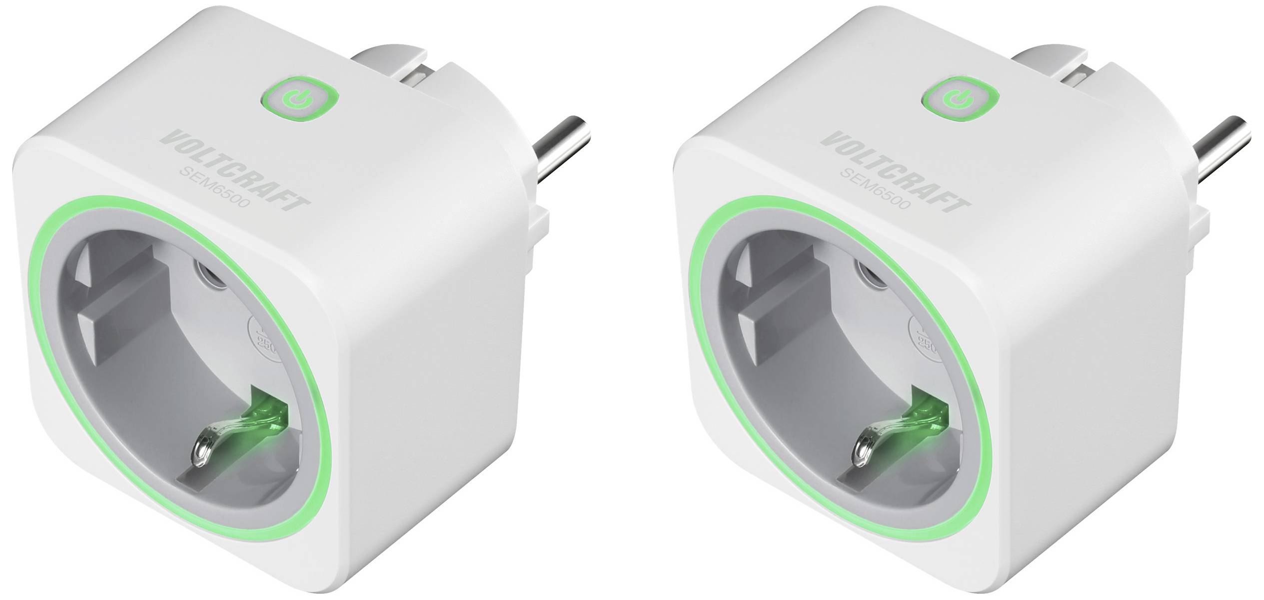 Due prese intelligenti bianche con anello LED verde e tasto di accensione sulla parte superiore. Consentono il controllo intelligente dei dispositivi elettrici.