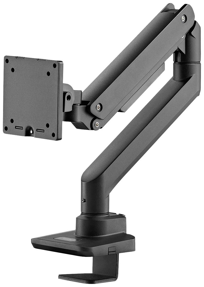 Braccio di supporto per monitor con giunture regolabili, idoneo al fissaggio su scrivania per un posizionamento flessibile dello schermo.