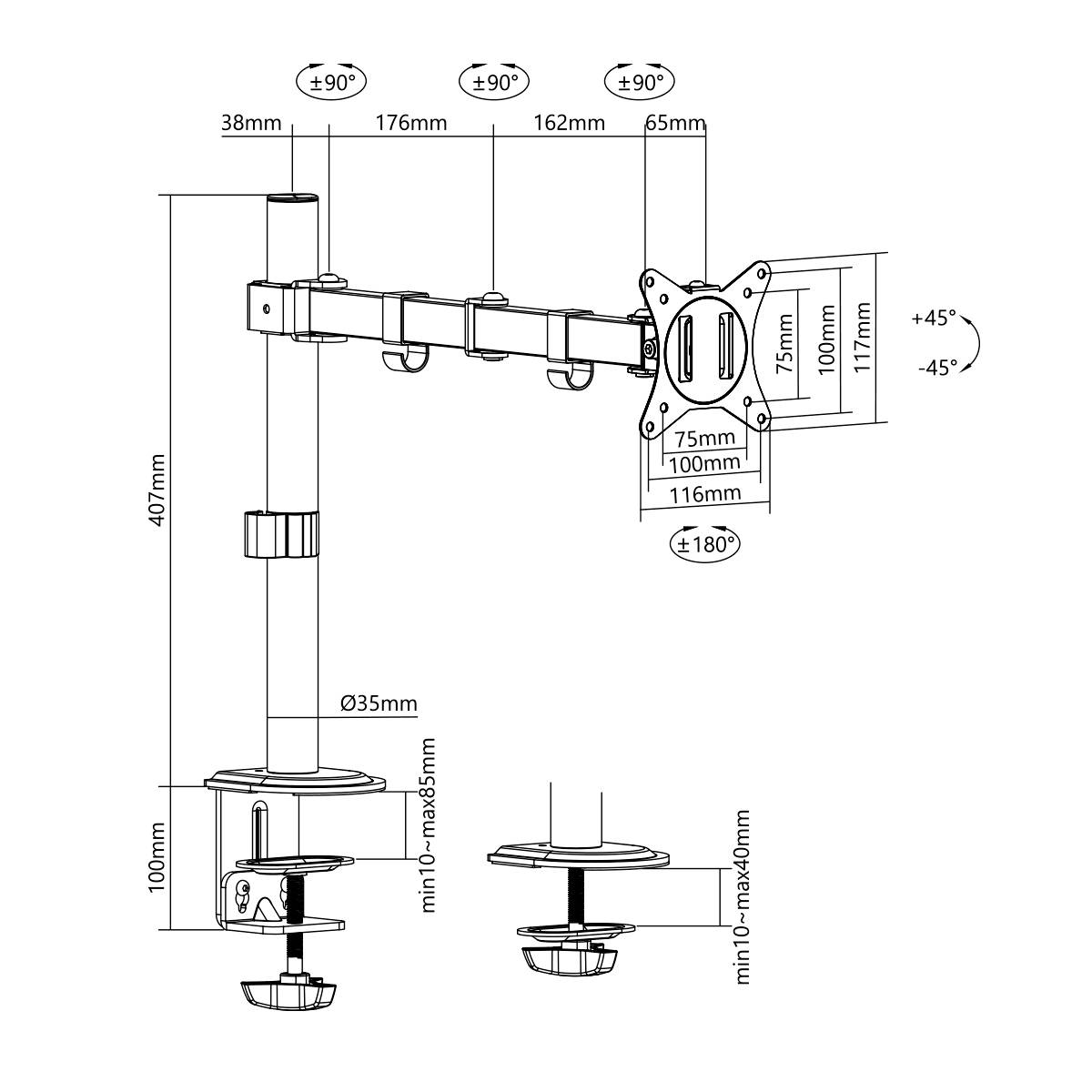 'Illustrazione di un supporto da tavolo con dimensioni: altezza 407 mm, braccio 176 mm, attacco VESA, rotabile ±90°, inclinabile ±45°.'