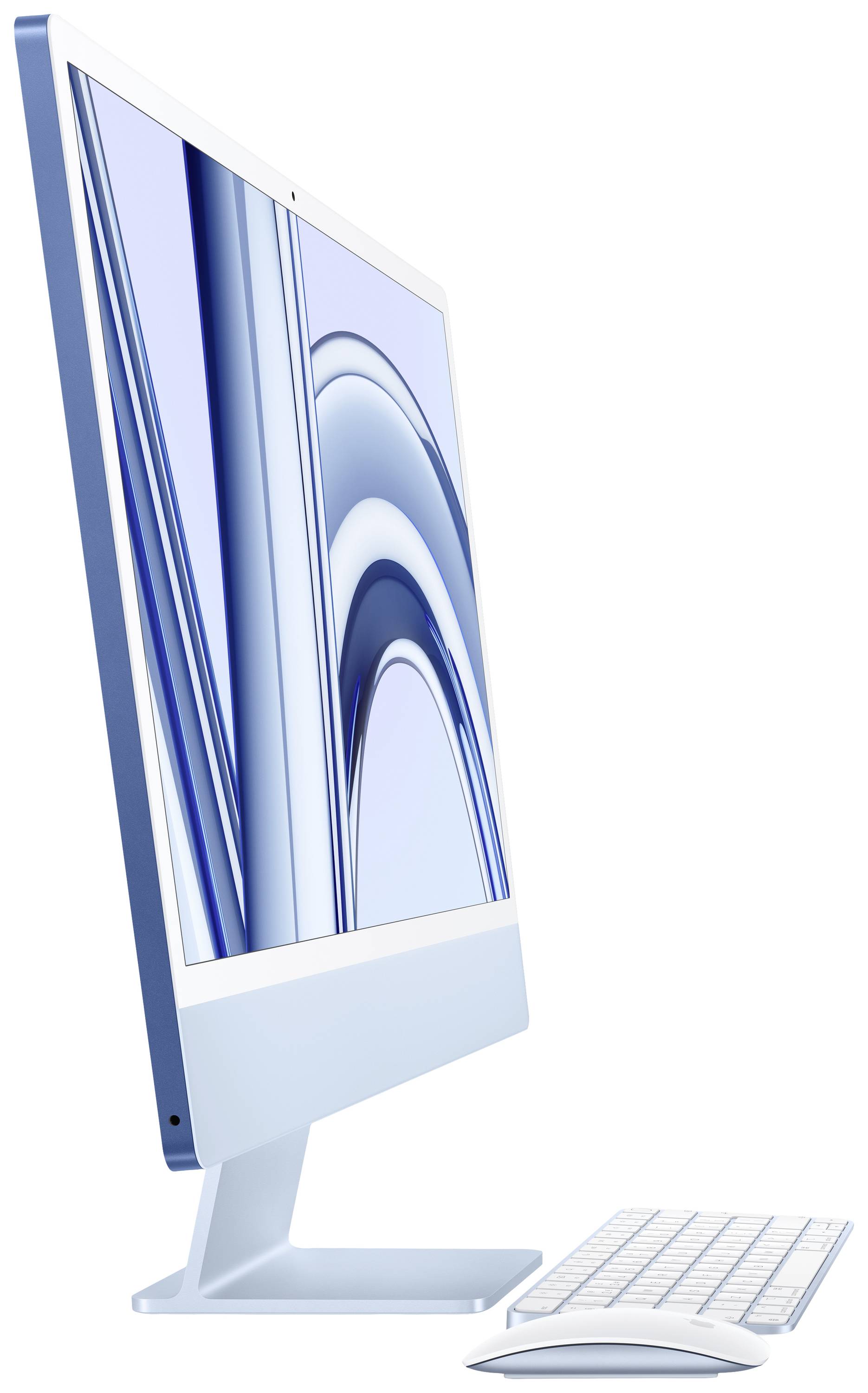 Computer all-in-one blu moderno con schermo ultrasottile, tastiera e mouse wireless, visto di lato.
