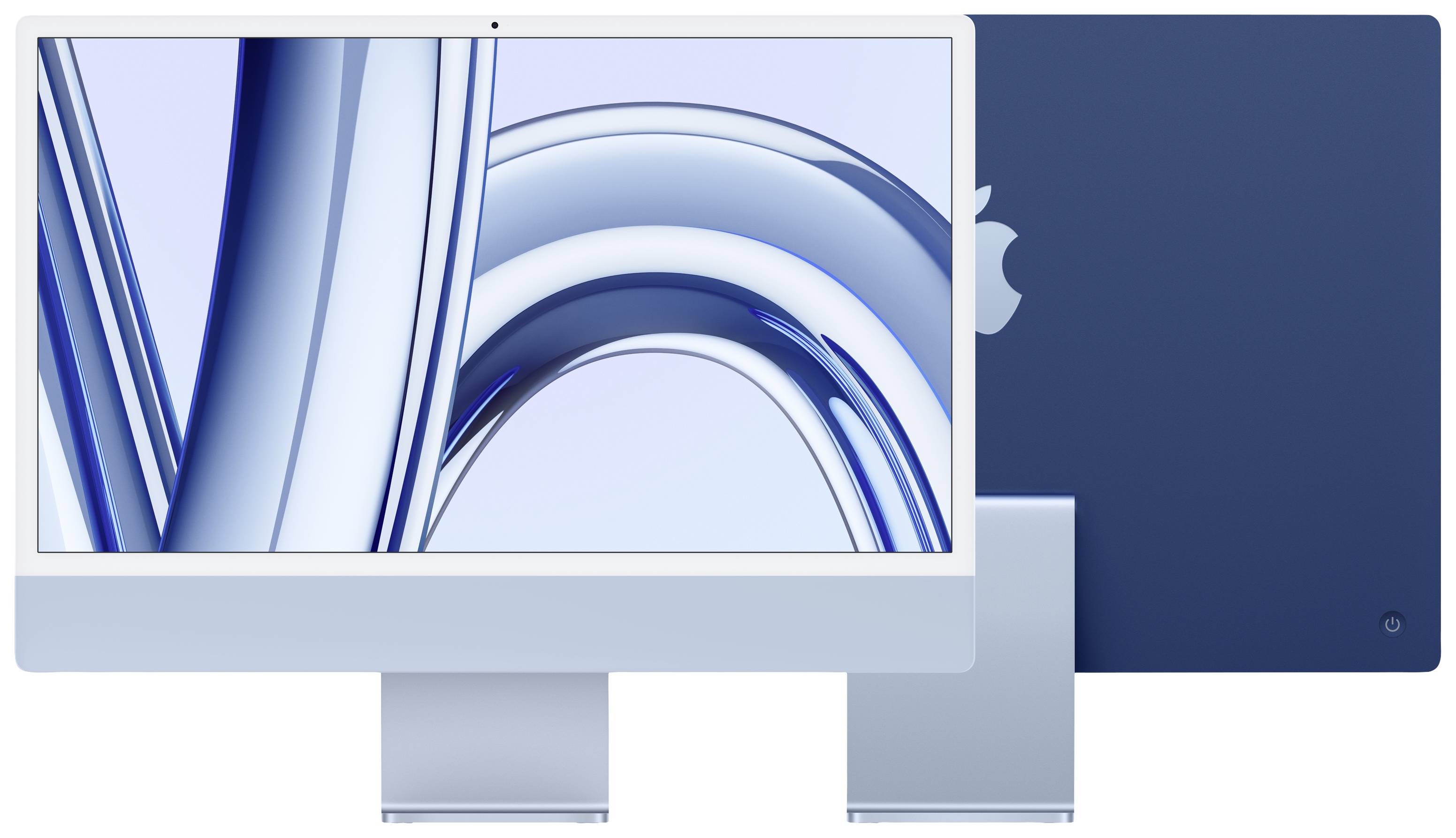 Un computer blu con un grande schermo mostra linee blu curve. Sul retro è presente un logo Apple prominente.