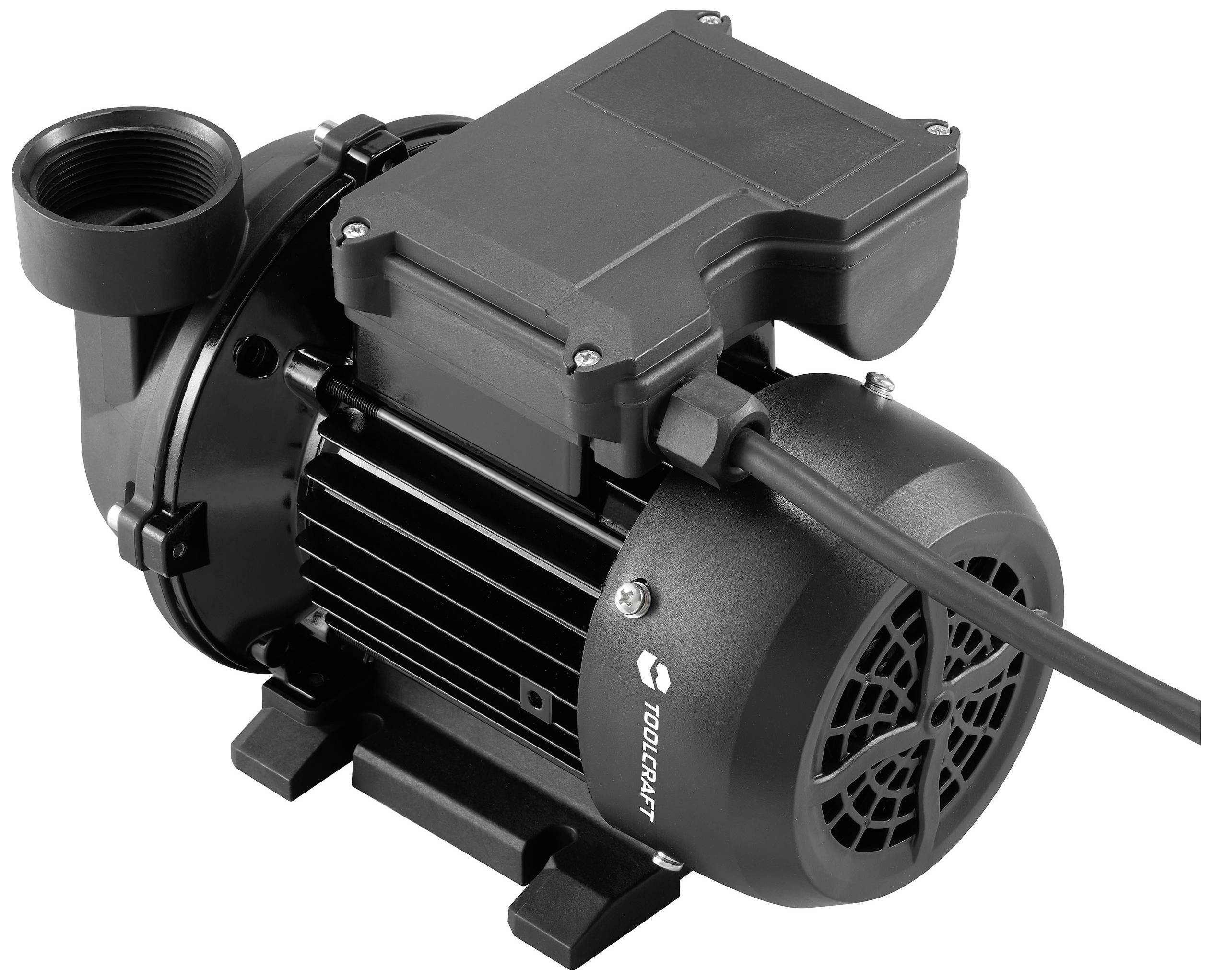 'Pompa elettrica nera per acqua con cavo e apertura valvola. Adatta per diversi utilizzi dell'acqua in case o giardini.'