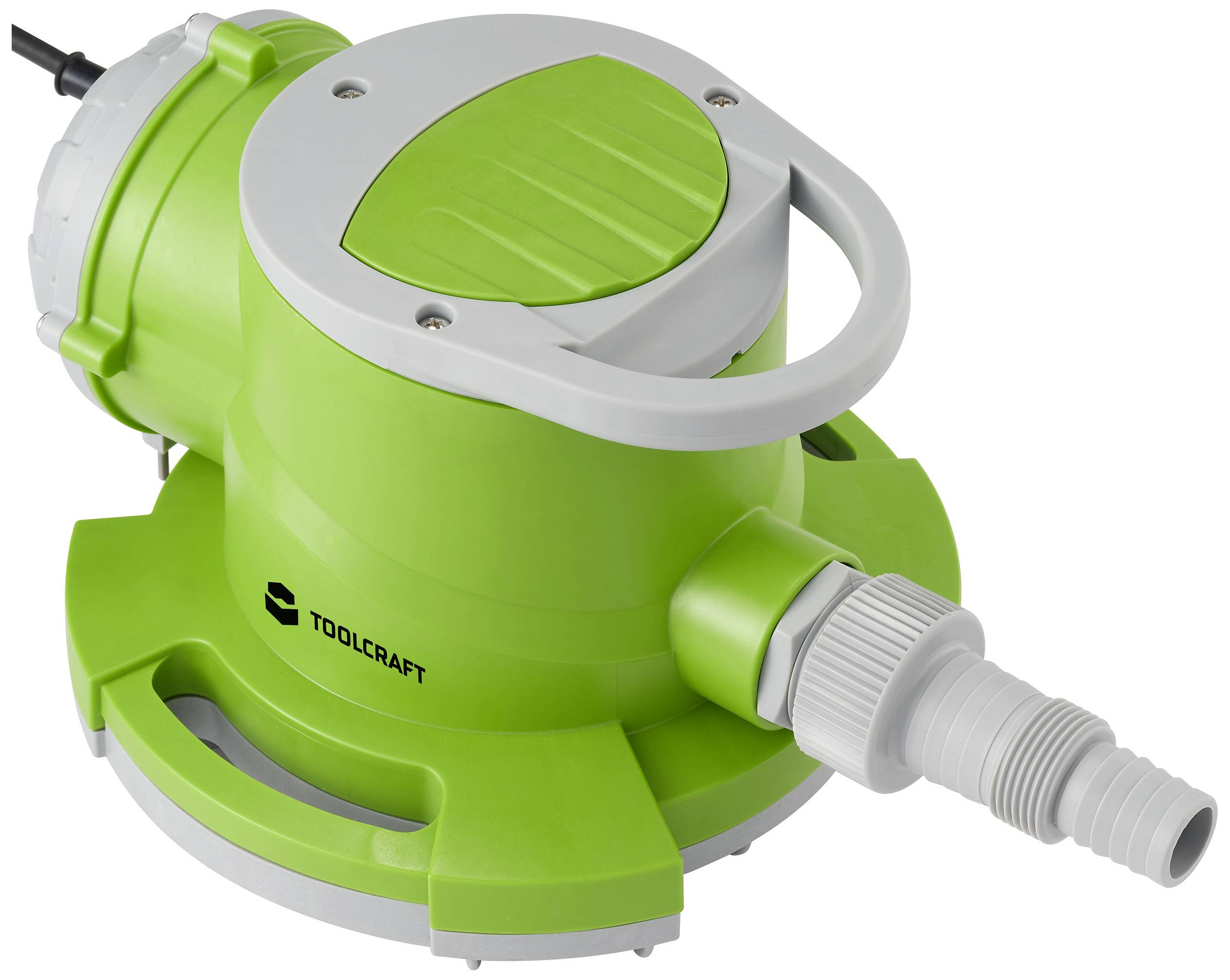 Interruttore elettrico verde per pompa Toolcraft con tubo di scarico laterale e impugnatura grigia. Utilizzato per pompare acqua.