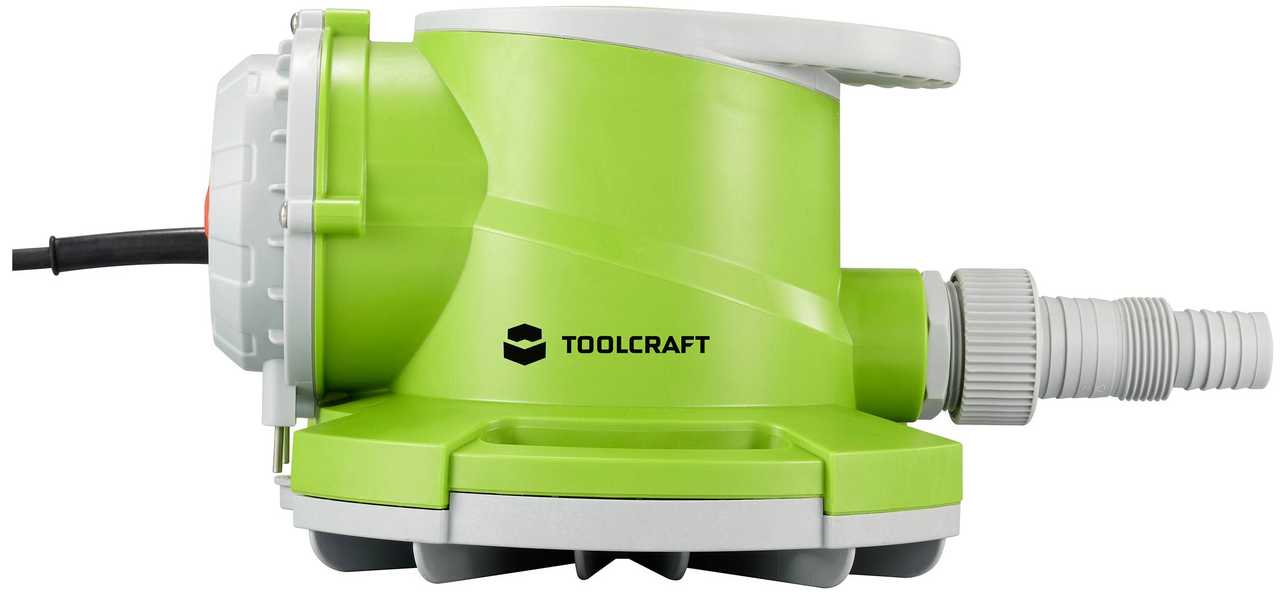 Pompa elettrica verde del marchio Toolcraft, vista laterale con connessione del cavo, adatta per compiti di sollevamento dell'acqua.