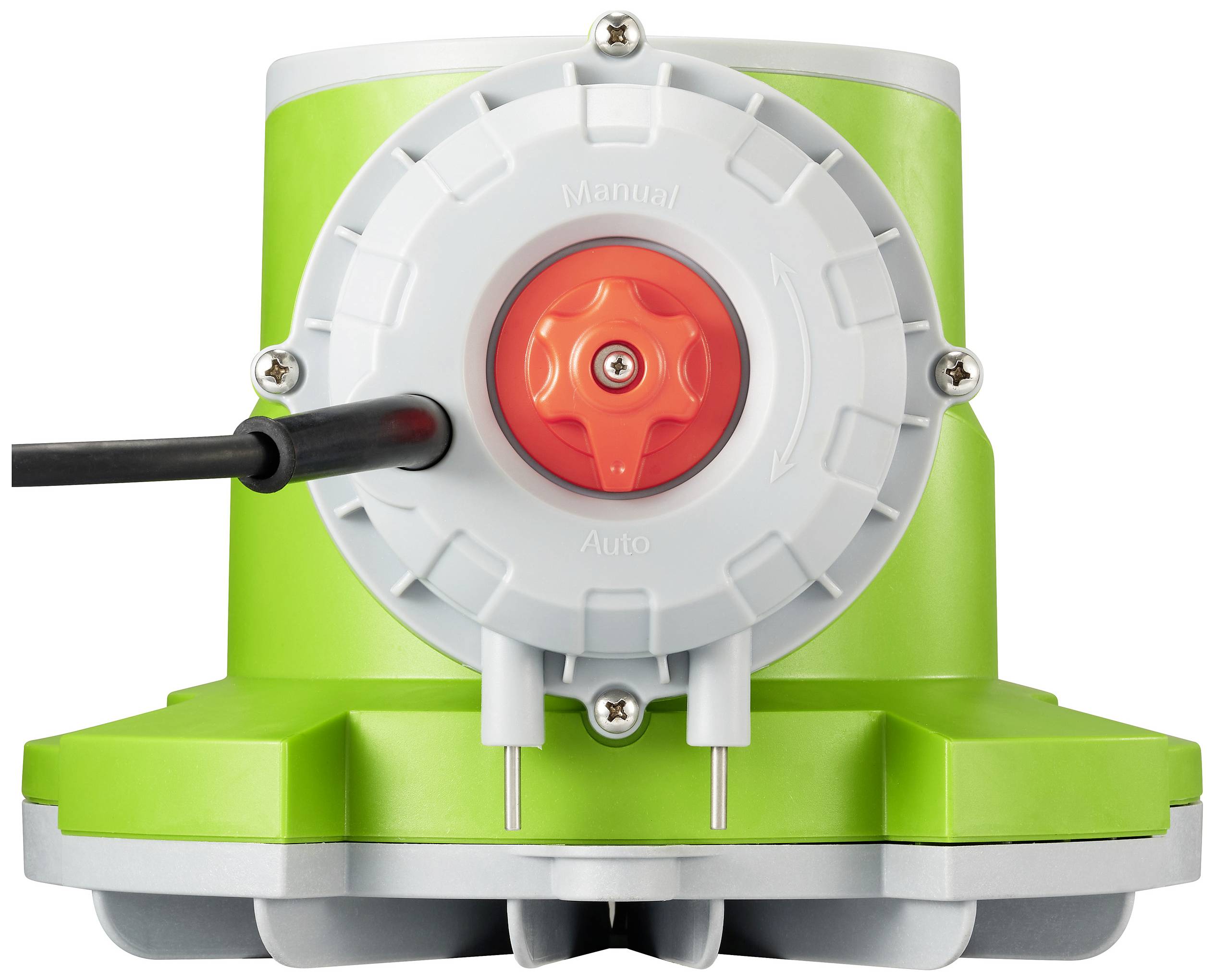 Un dispositivo verde e grigio con un regolatore rosso sul lato frontale, contrassegnato con 'Manuale' e 'Automatico', riconoscibile come elemento di controllo.