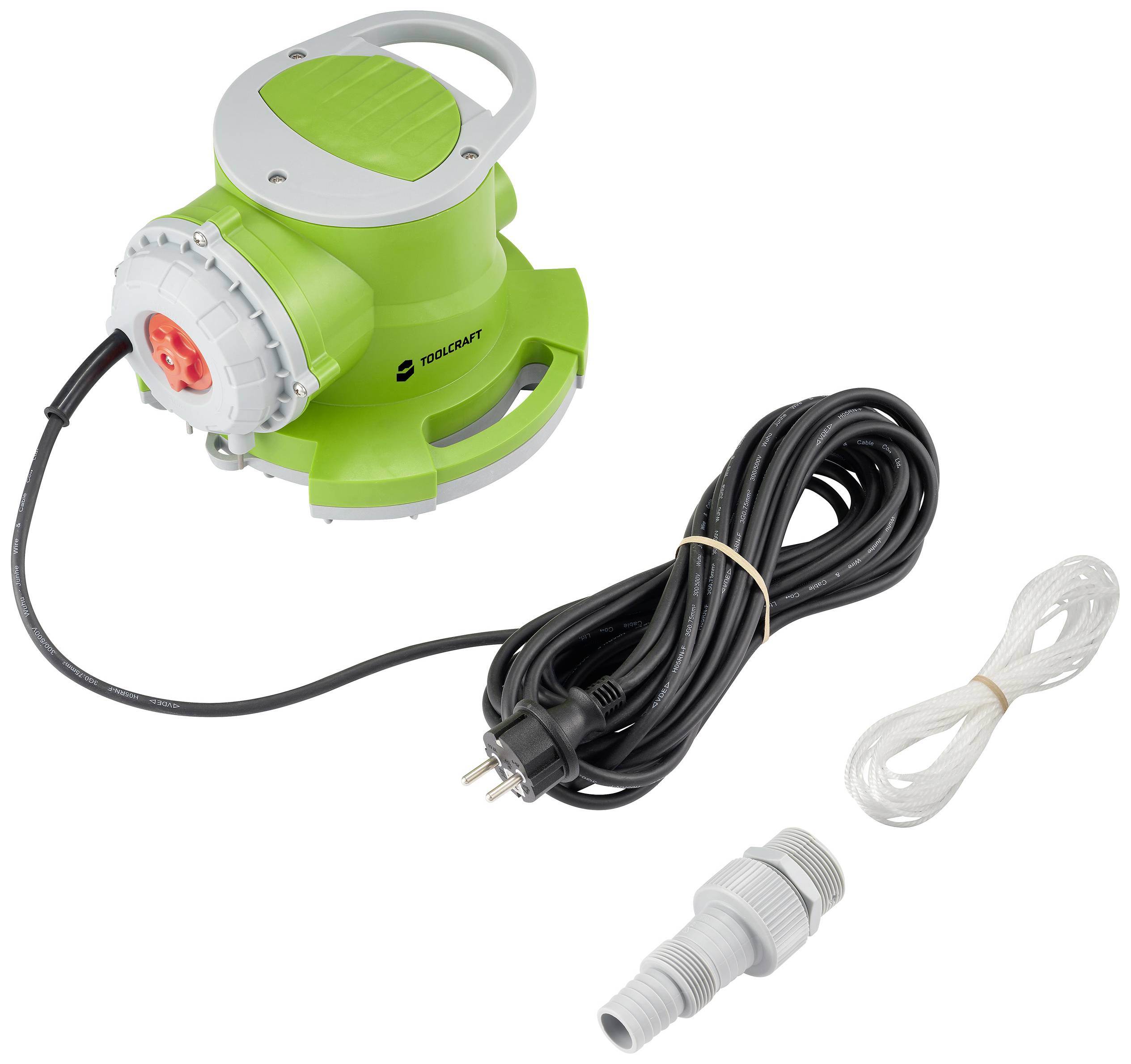 Pompa acquatica 'Volcraft' in verde con cavo di rete, adattatore e fascetta di plastica separata. Adatta per pompe o altri usi.