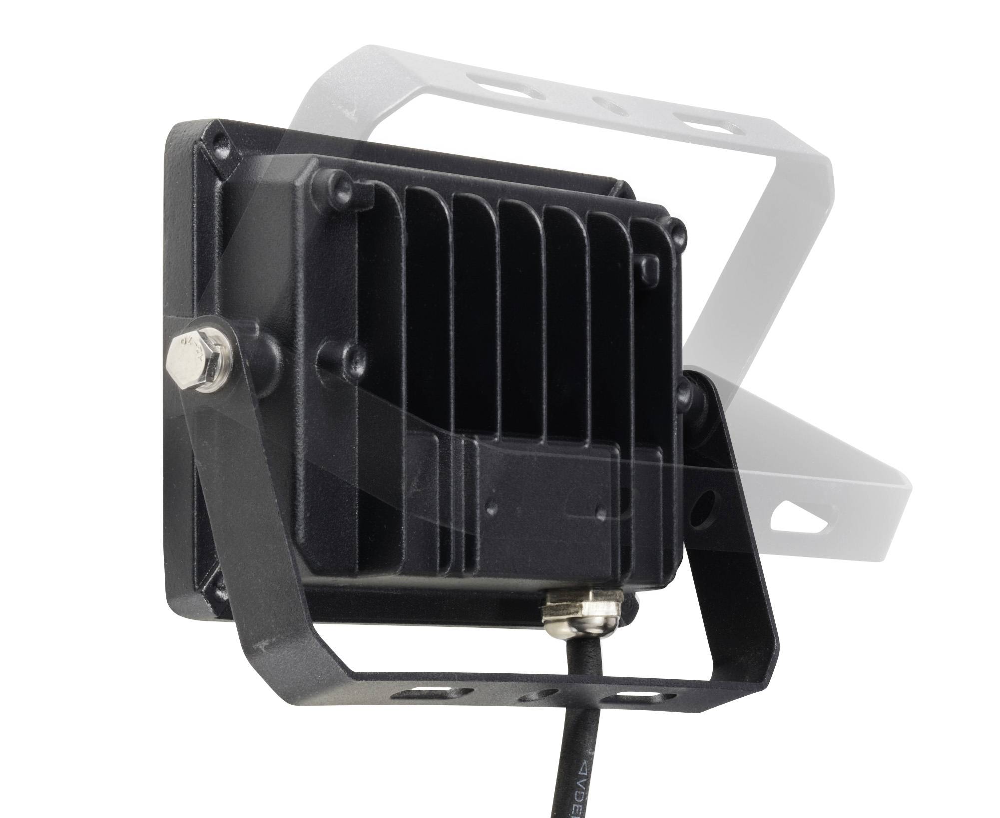 Faro LED in involucro nero, vista laterale con staffa di montaggio. Cavo collegato nella parte inferiore. Adatto per illuminazione esterna.