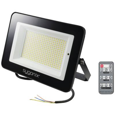 Proiettore LED di 'sygonix' con telecomando. Il proiettore ha una cornice rettangolare nera e LED giallo brillante.