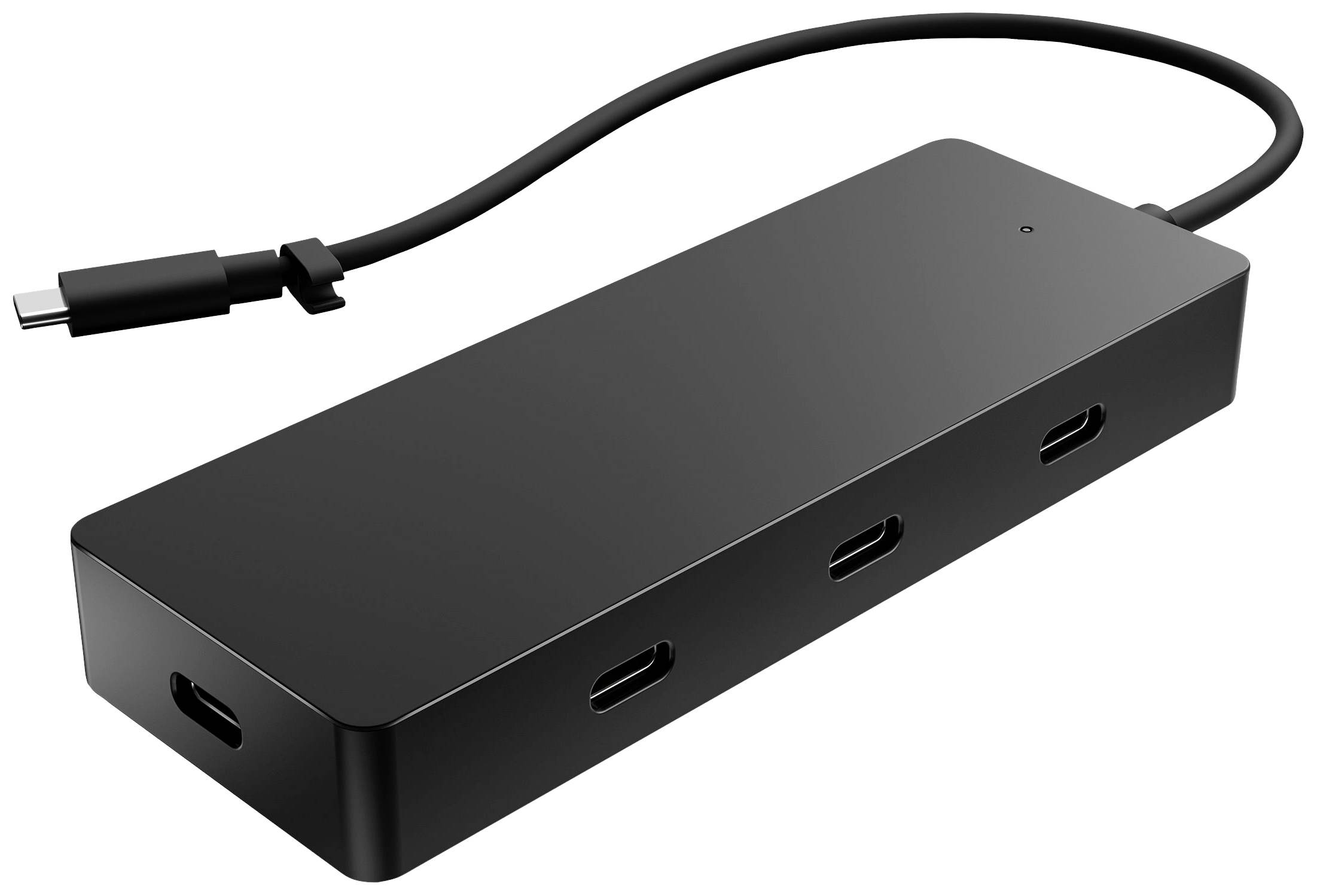 Un hub USB-C nero con quattro porte USB-C e un cavo. Adatto per collegare più dispositivi a un computer.
