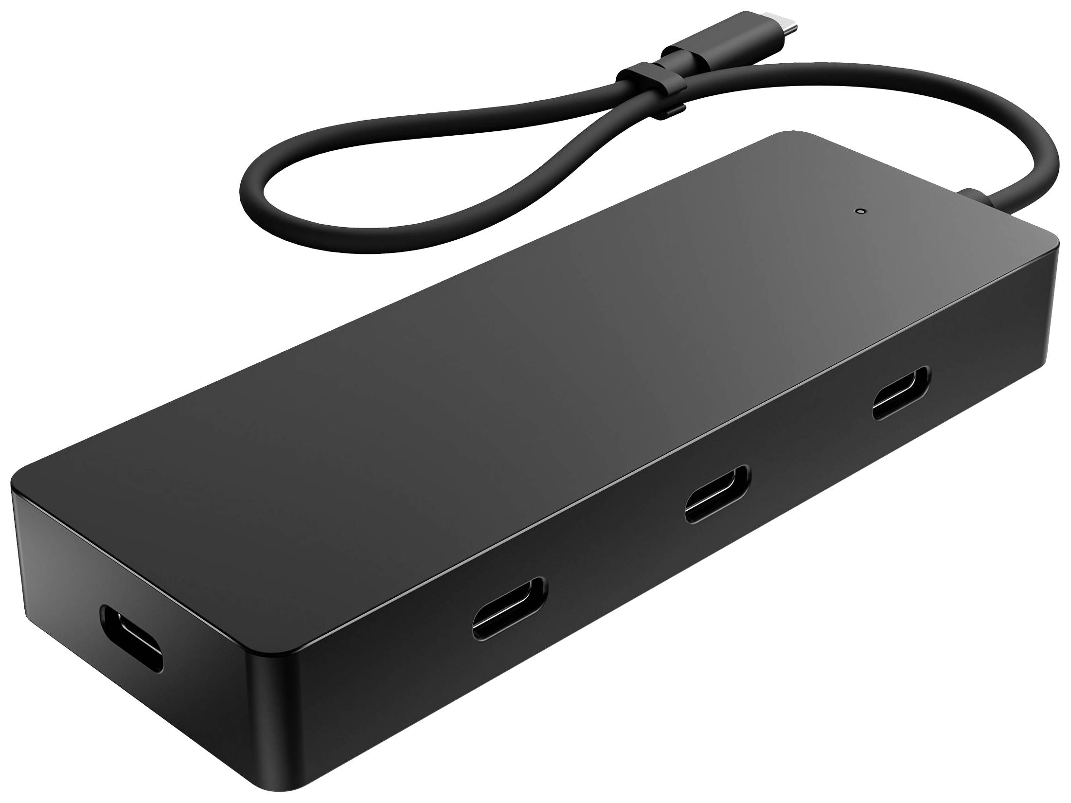 Stazione di docking USB-C nera con quattro porte USB e un cavo corto. Consente il collegamento di più dispositivi.