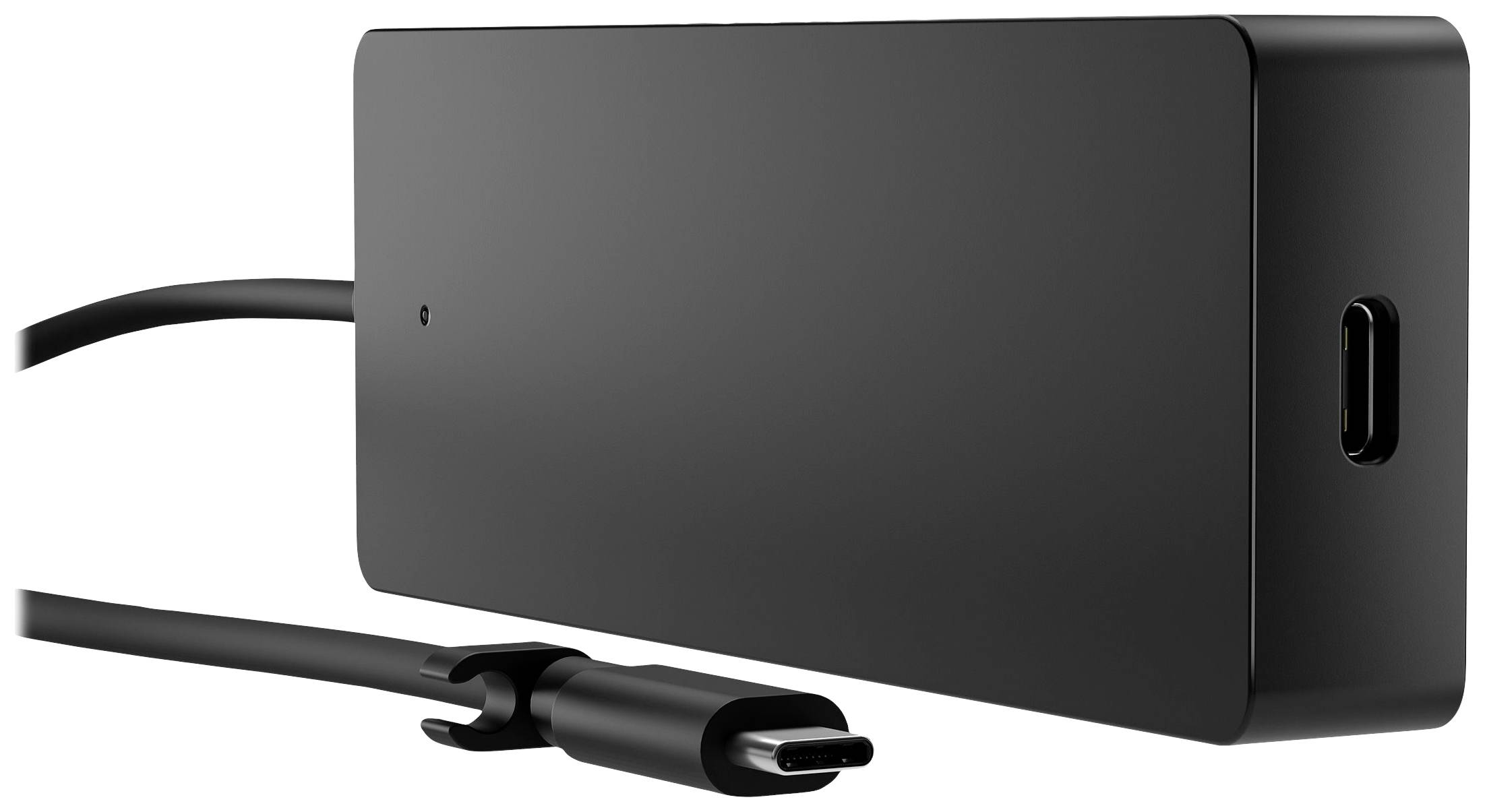 Alimentatore nero con cavo USB-C, adatto per dispositivi elettronici, su sfondo bianco.